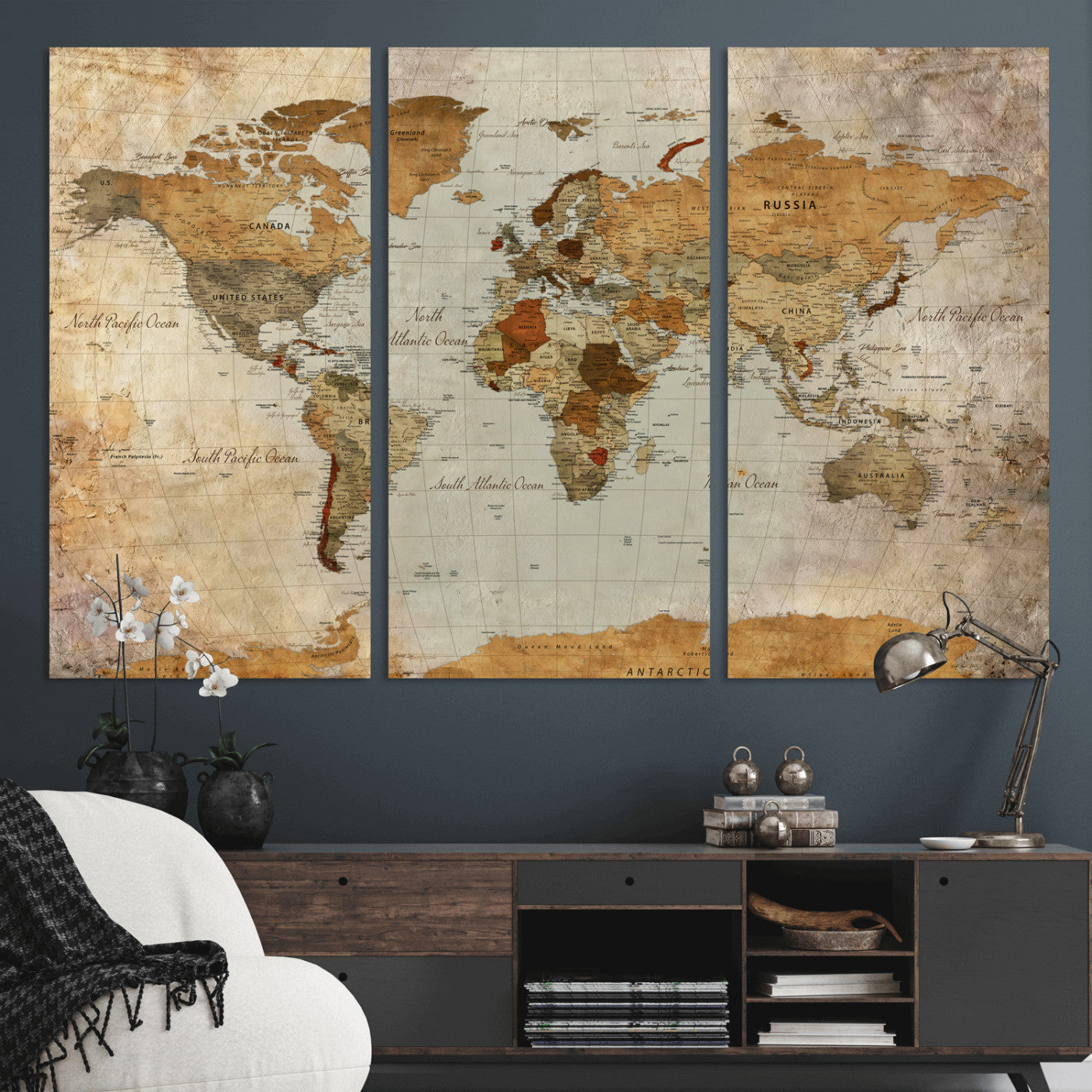 74176056-MGV-CV-36X24 - World Map Wall Art Canvas Print, Modern Decorative Framed Map Artwork Prints for Living Room, Office, Bedroom Wall Decor