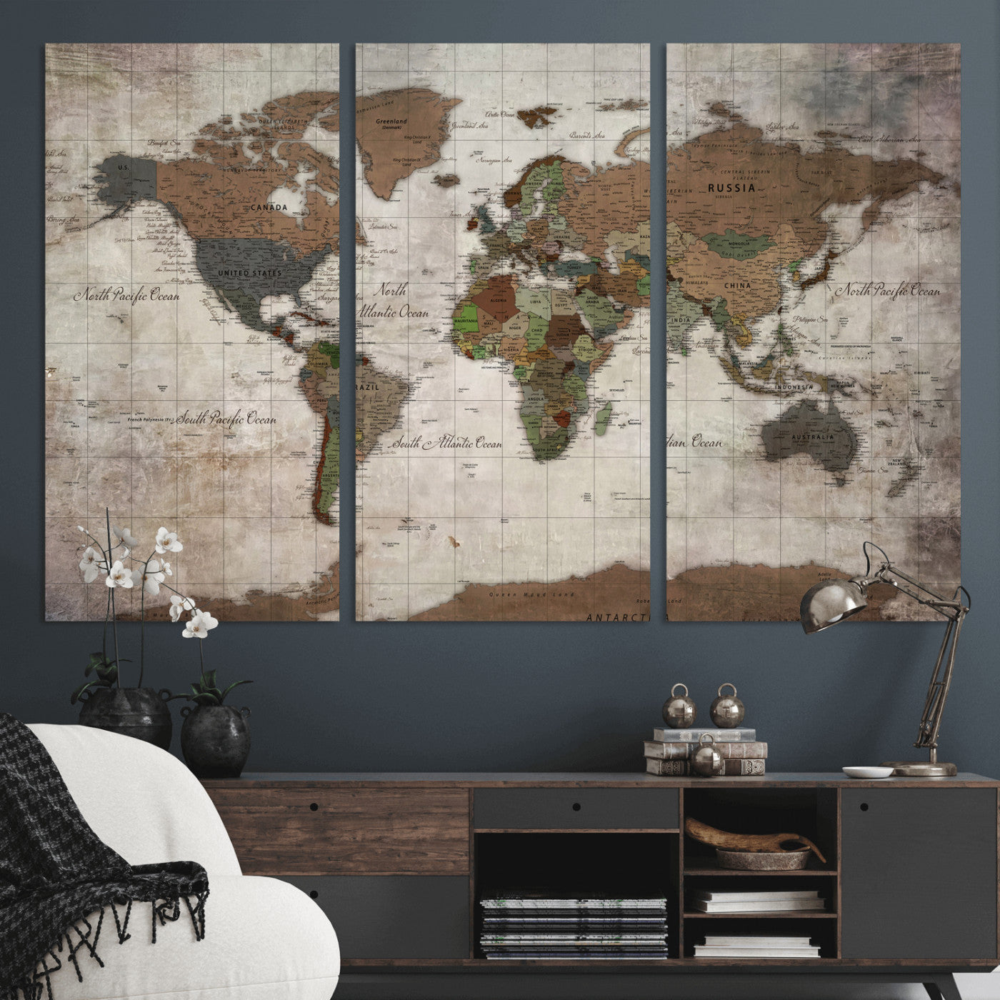 65393892-MGV-CV-36X24 - World Map Wall Art Canvas Print, Modern Decorative Framed Map Artwork Prints for Living Room, Office, Bedroom Wall Decor