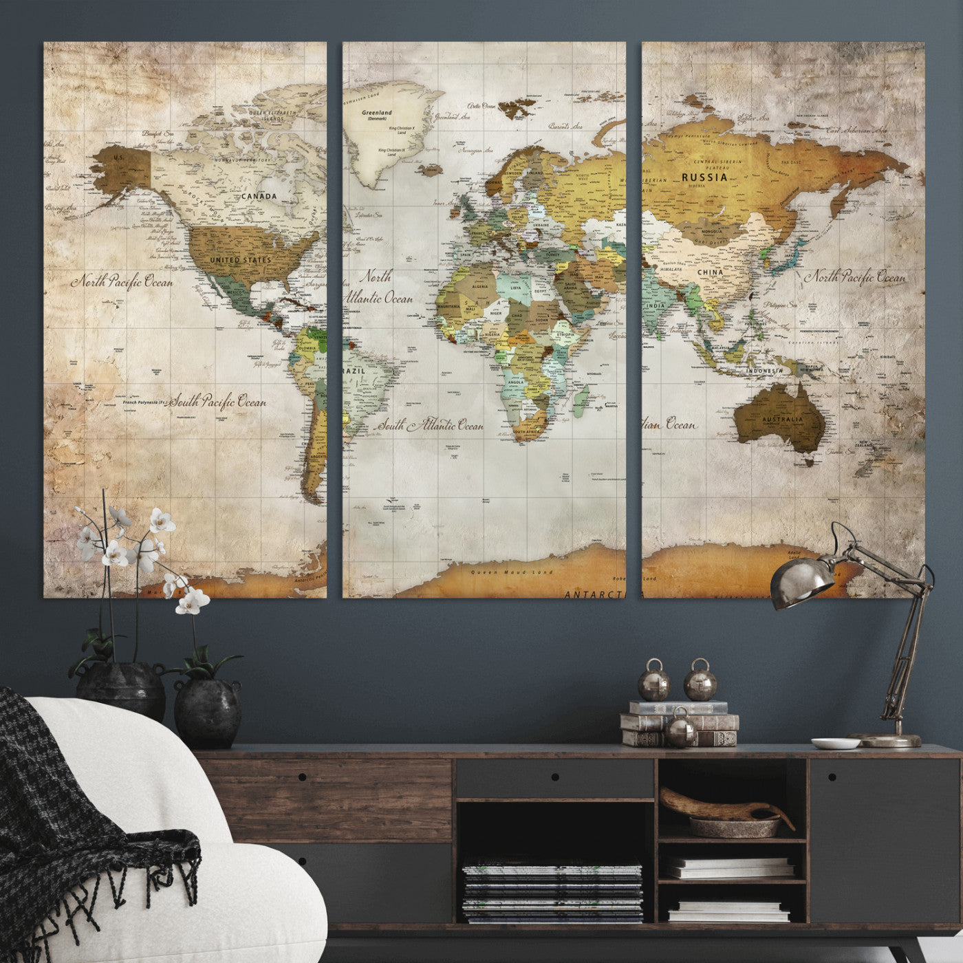 86108417-MGV-CV-36X24 - World Map Wall Art Canvas Print, Modern Decorative Framed Map Artwork Prints for Living Room, Office, Bedroom Wall Decor