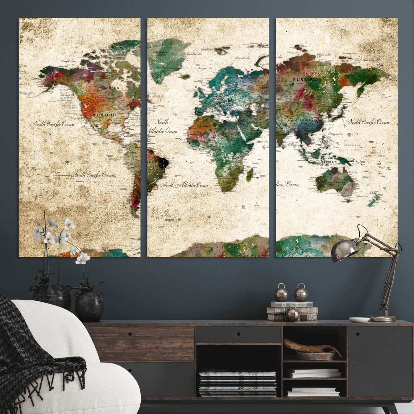87544591-MGV-CV-36X24 - World Map Wall Art Canvas Print, Modern Decorative Framed Map Artwork Prints for Living Room, Office, Bedroom Wall Decor