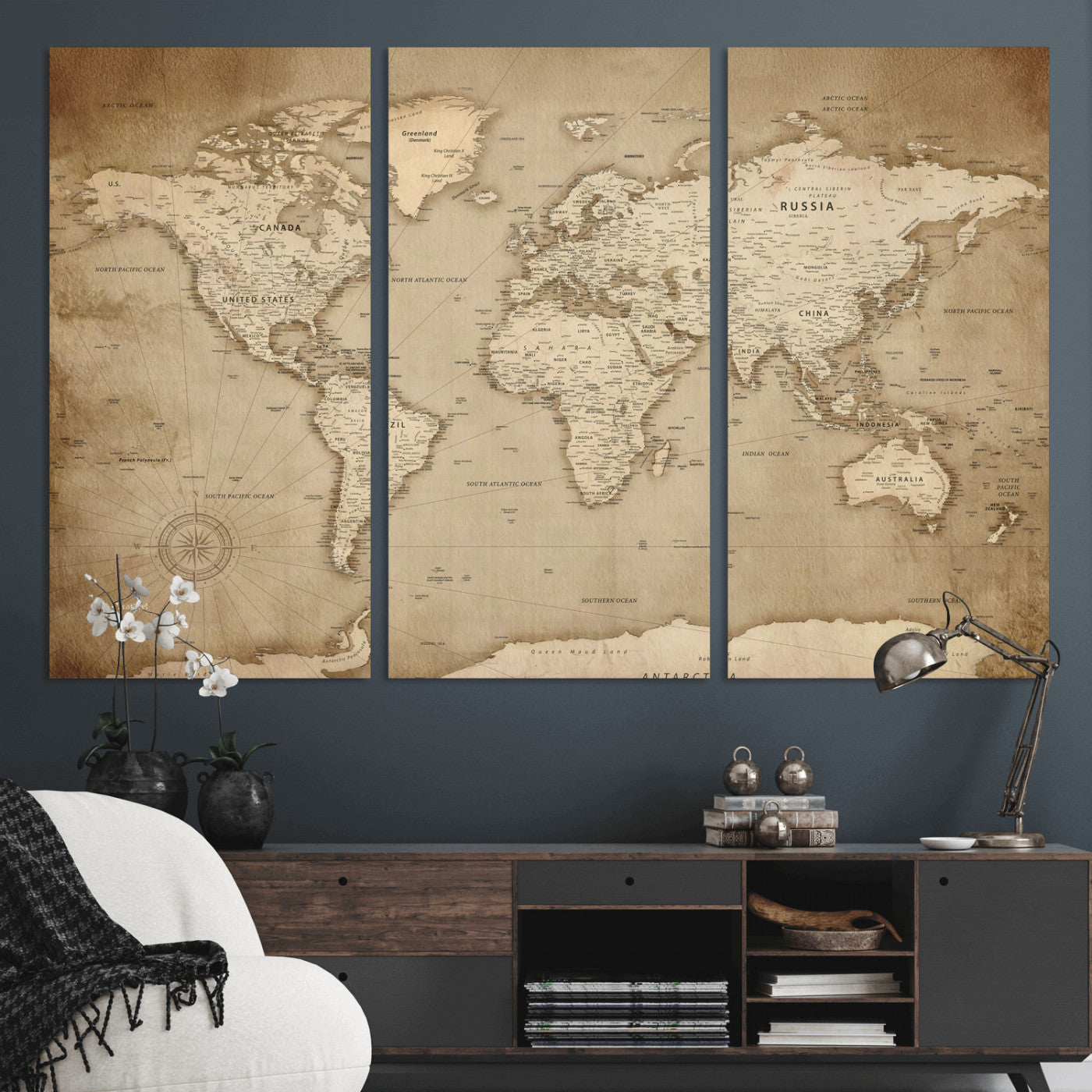 34795134-MGV-CV-36X24 - World Map Wall Art Canvas Print, Modern Decorative Framed Map Artwork Prints for Living Room, Office, Bedroom Wall Decor