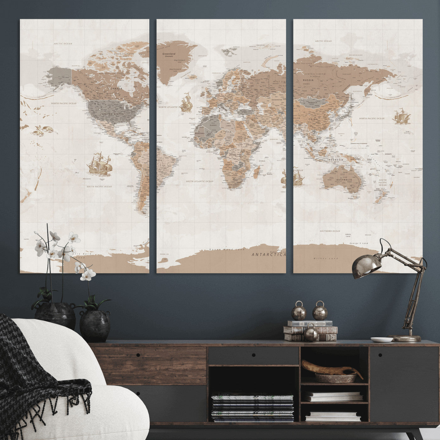 85057279-MGV-CV-36X24 - World Map Wall Art Canvas Print, Modern Decorative Framed Map Artwork Prints for Living Room, Office, Bedroom Wall Decor