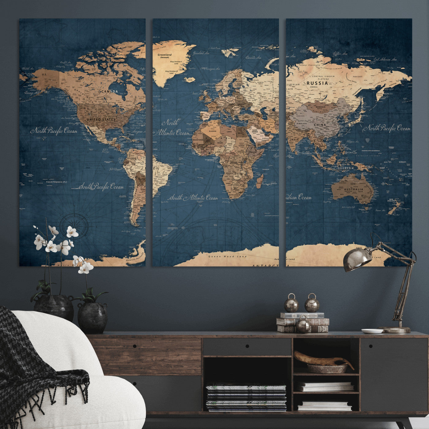 69886352-MGV-CV-36X24 - World Map Wall Art Canvas Print, Modern Decorative Framed Map Artwork Prints for Living Room, Office, Bedroom Wall Decor