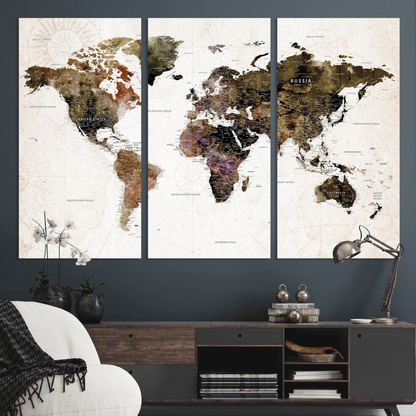 77651968-MGV-CV-36X24 - World Map Wall Art Canvas Print, Modern Decorative Framed Map Artwork Prints for Living Room, Office, Bedroom Wall Decor