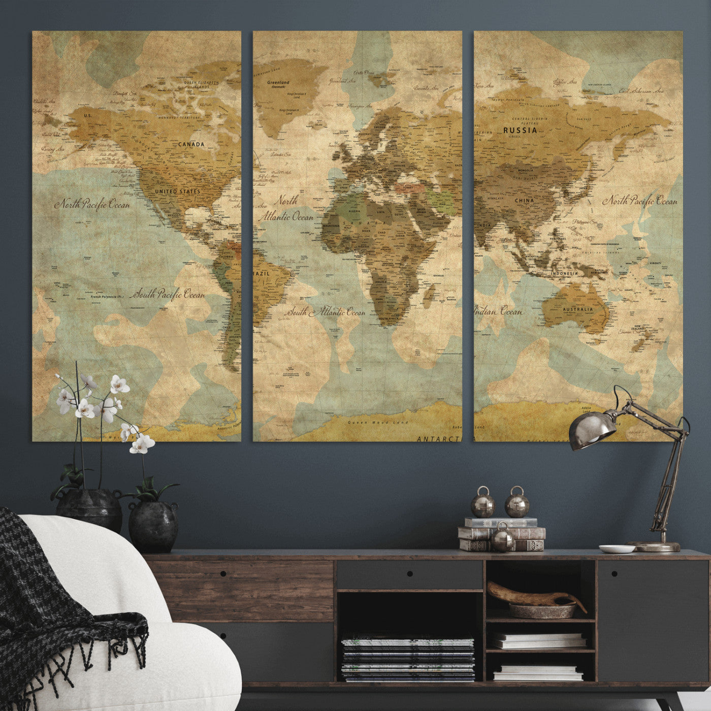 89356927-MGV-CV-36X24 - World Map Wall Art Canvas Print, Modern Decorative Framed Map Artwork Prints for Living Room, Office, Bedroom Wall Decor