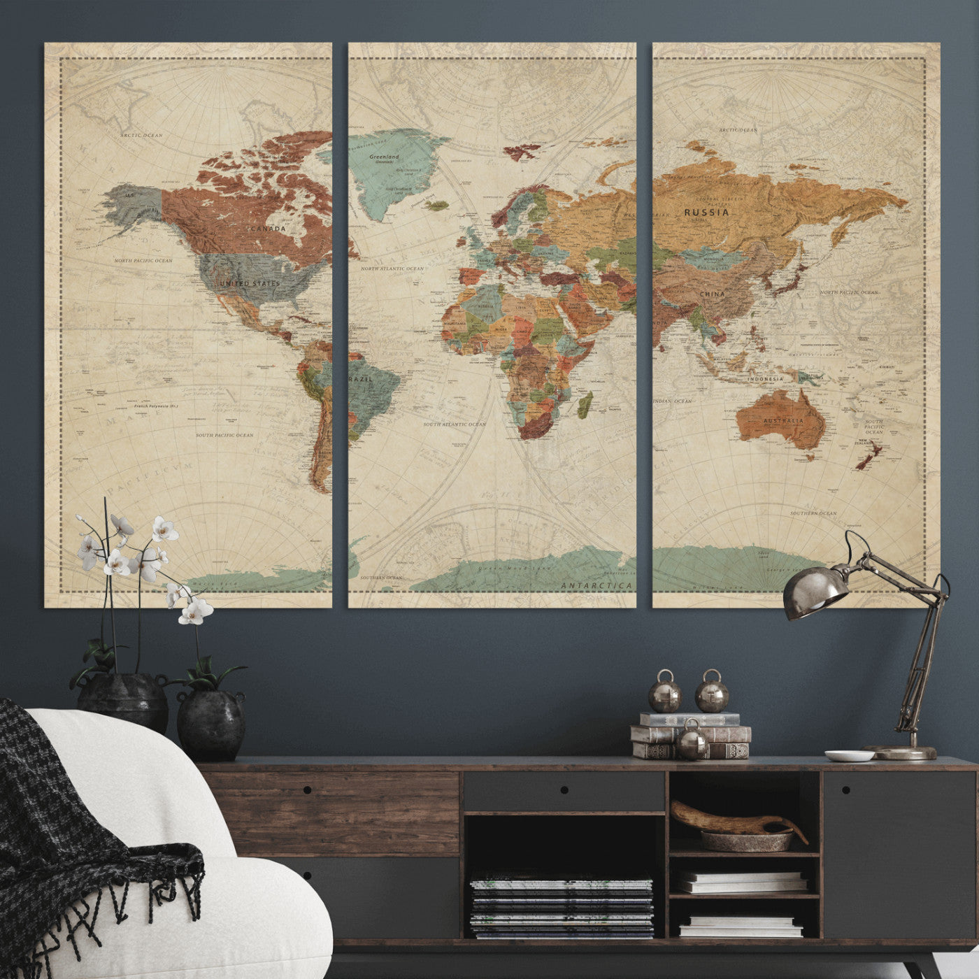 68428598-MGV-CV-36X24 - World Map Wall Art Canvas Print, Modern Decorative Framed Map Artwork Prints for Living Room, Office, Bedroom Wall Decor