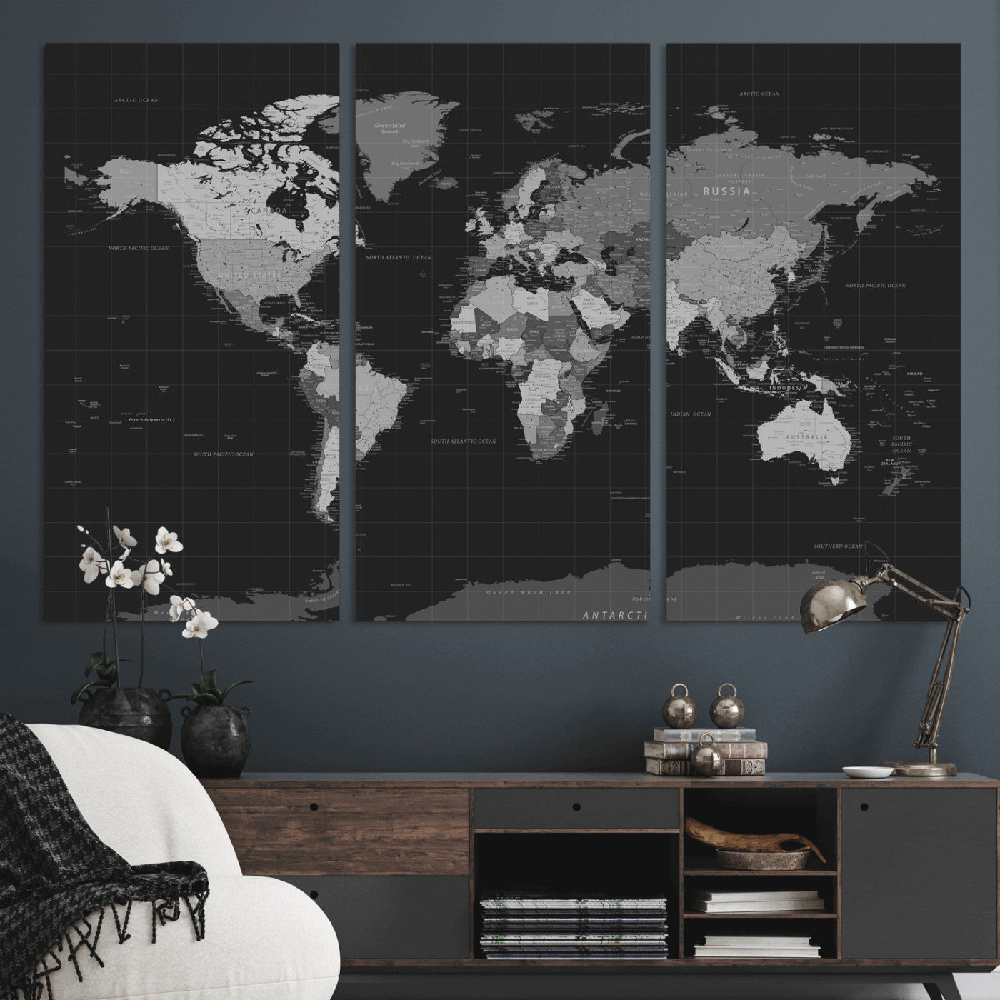 46160121-MGV-CV-36X24 - World Map Wall Art Canvas Print, Modern Decorative Framed Map Artwork Prints for Living Room, Office, Bedroom Wall Decor