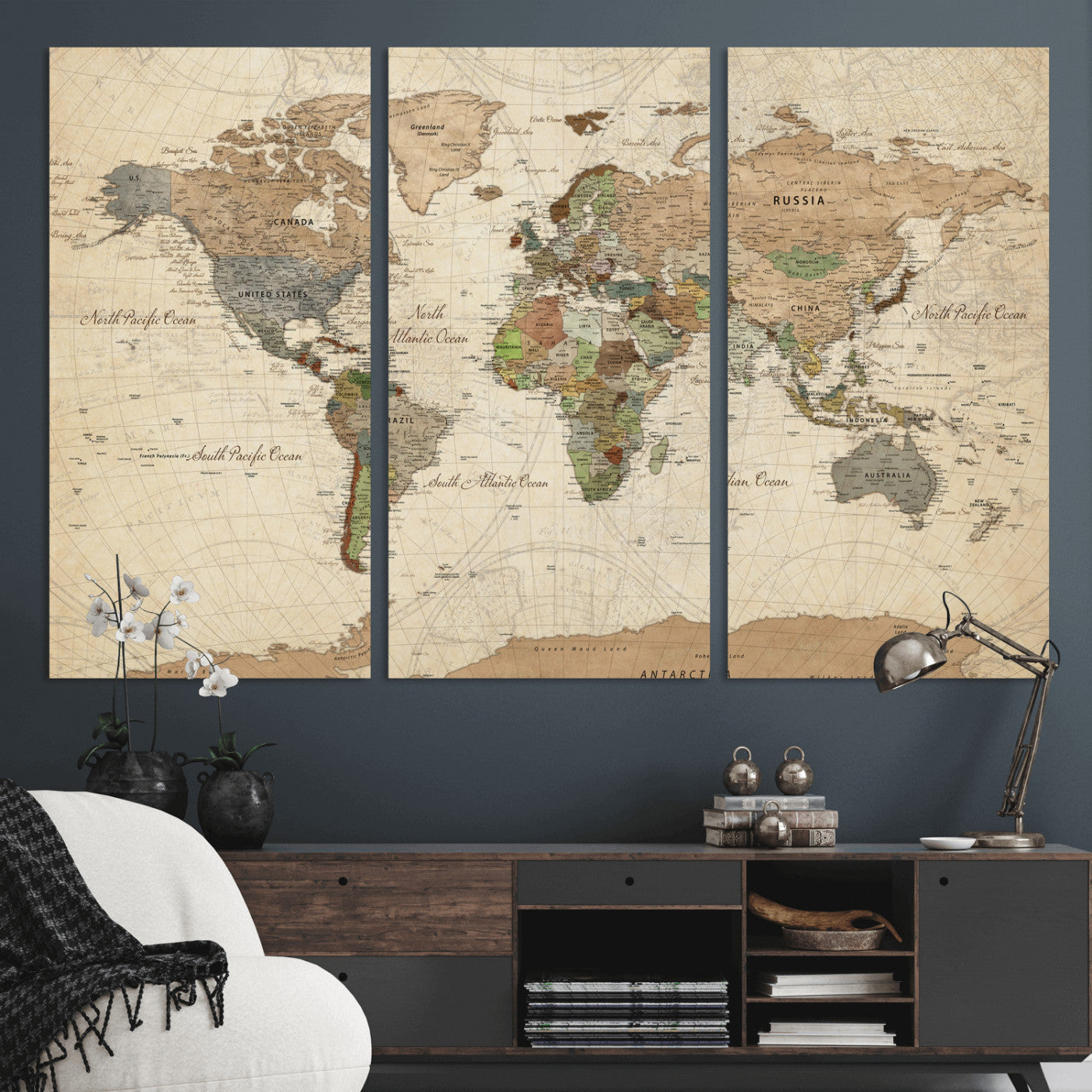 36735609-MGV-CV-36X24 - World Map Wall Art Canvas Print, Modern Decorative Framed Map Artwork Prints for Living Room, Office, Bedroom Wall Decor
