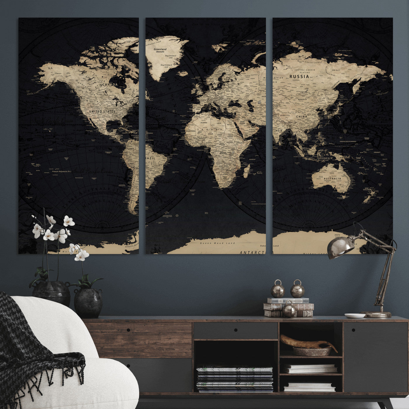 61835687-MGV-CV-36X24 - World Map Wall Art Canvas Print, Modern Decorative Framed Map Artwork Prints for Living Room, Office, Bedroom Wall Decor