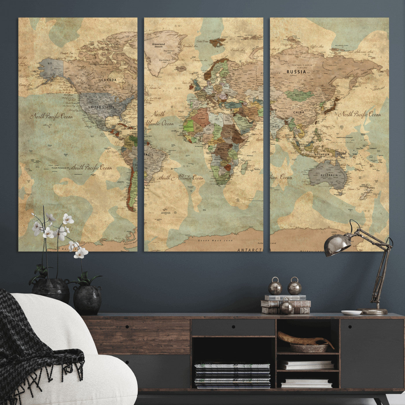 72396478-MGV-CV-36X24 - World Map Wall Art Canvas Print, Modern Decorative Framed Map Artwork Prints for Living Room, Office, Bedroom Wall Decor