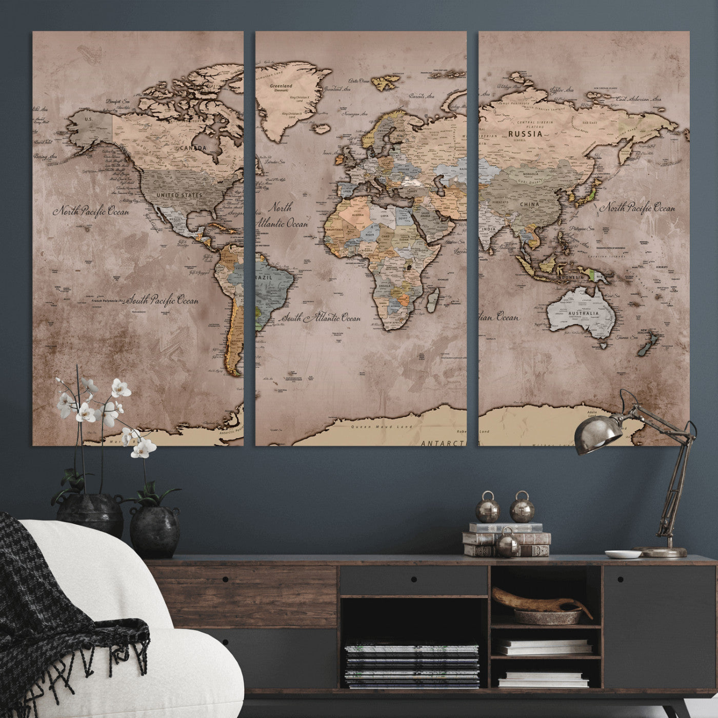 91471273-MGV-CV-36X24 - World Map Wall Art Canvas Print, Modern Decorative Framed Map Artwork Prints for Living Room, Office, Bedroom Wall Decor