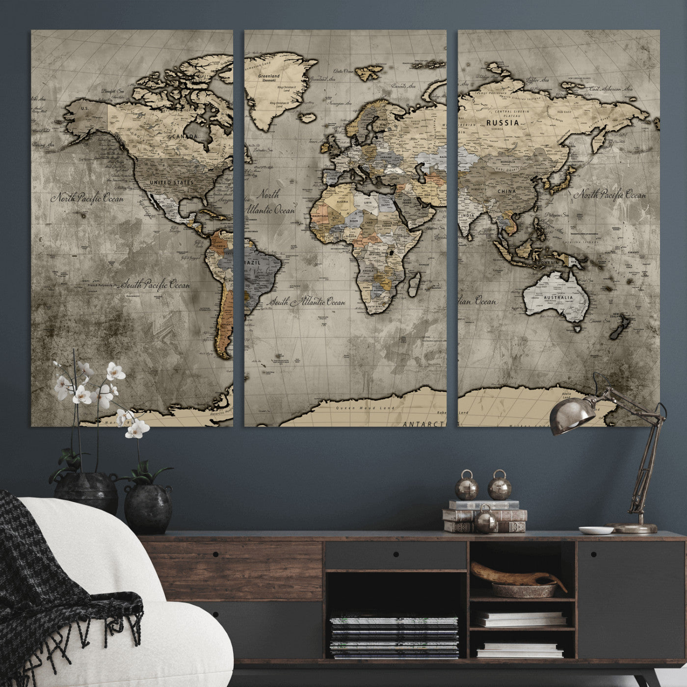 85218700-MGV-CV-36X24 - World Map Wall Art Canvas Print, Modern Decorative Framed Map Artwork Prints for Living Room, Office, Bedroom Wall Decor