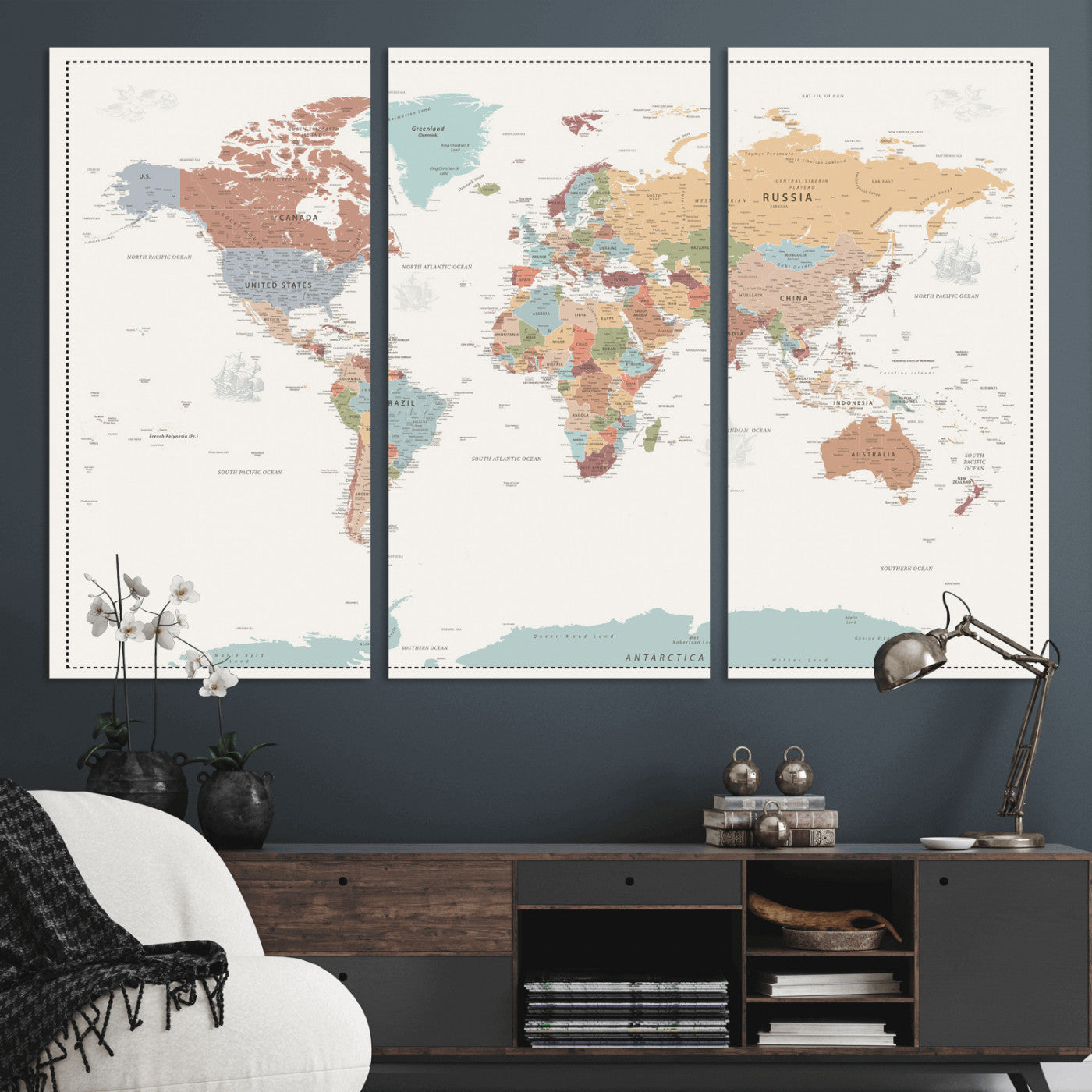 63447567-MGV-CV-36X24 - World Map Wall Art Canvas Print, Modern Decorative Framed Map Artwork Prints for Living Room, Office, Bedroom Wall Decor
