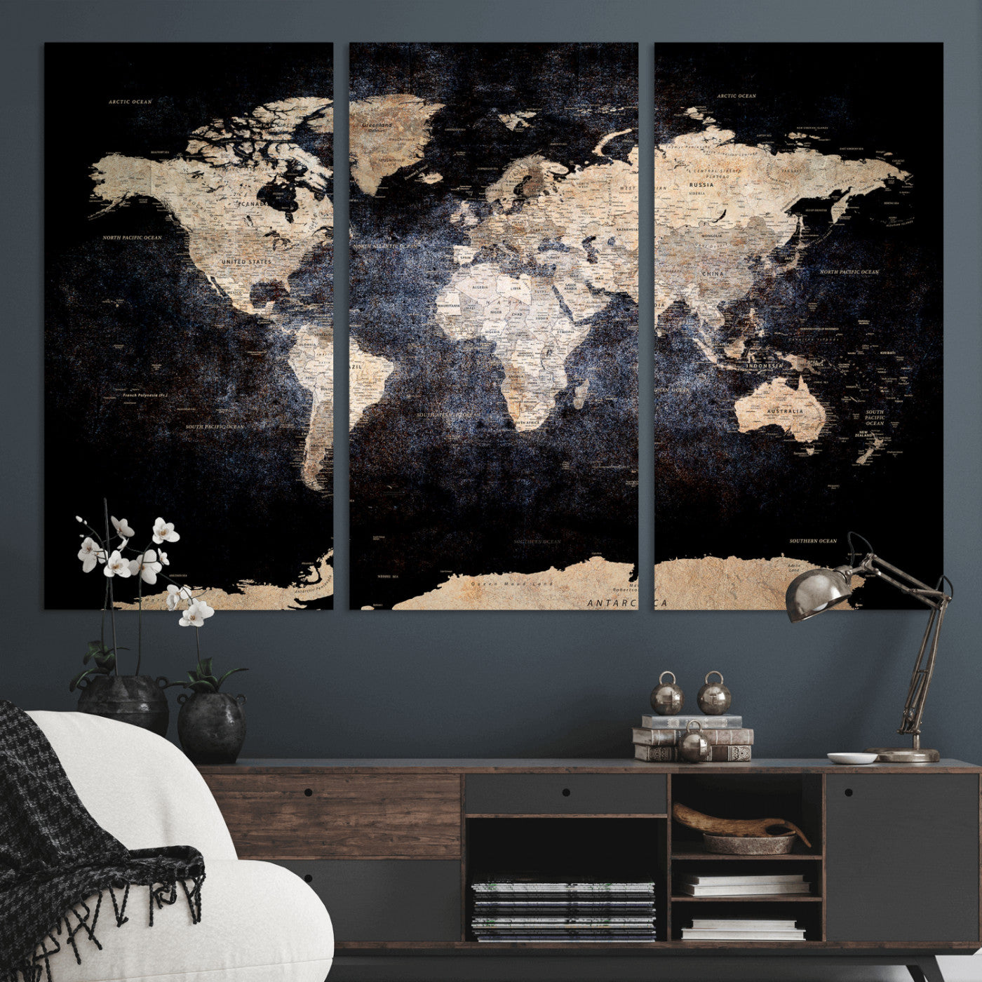 56713386-MGV-CV-36X24 - World Map Wall Art Canvas Print, Modern Decorative Framed Map Artwork Prints for Living Room, Office, Bedroom Wall Decor