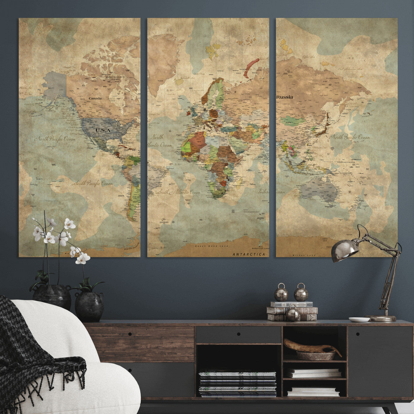 31492148-MGV-CV-36X24 - World Map Wall Art Canvas Print, Modern Decorative Framed Map Artwork Prints for Living Room, Office, Bedroom Wall Decor