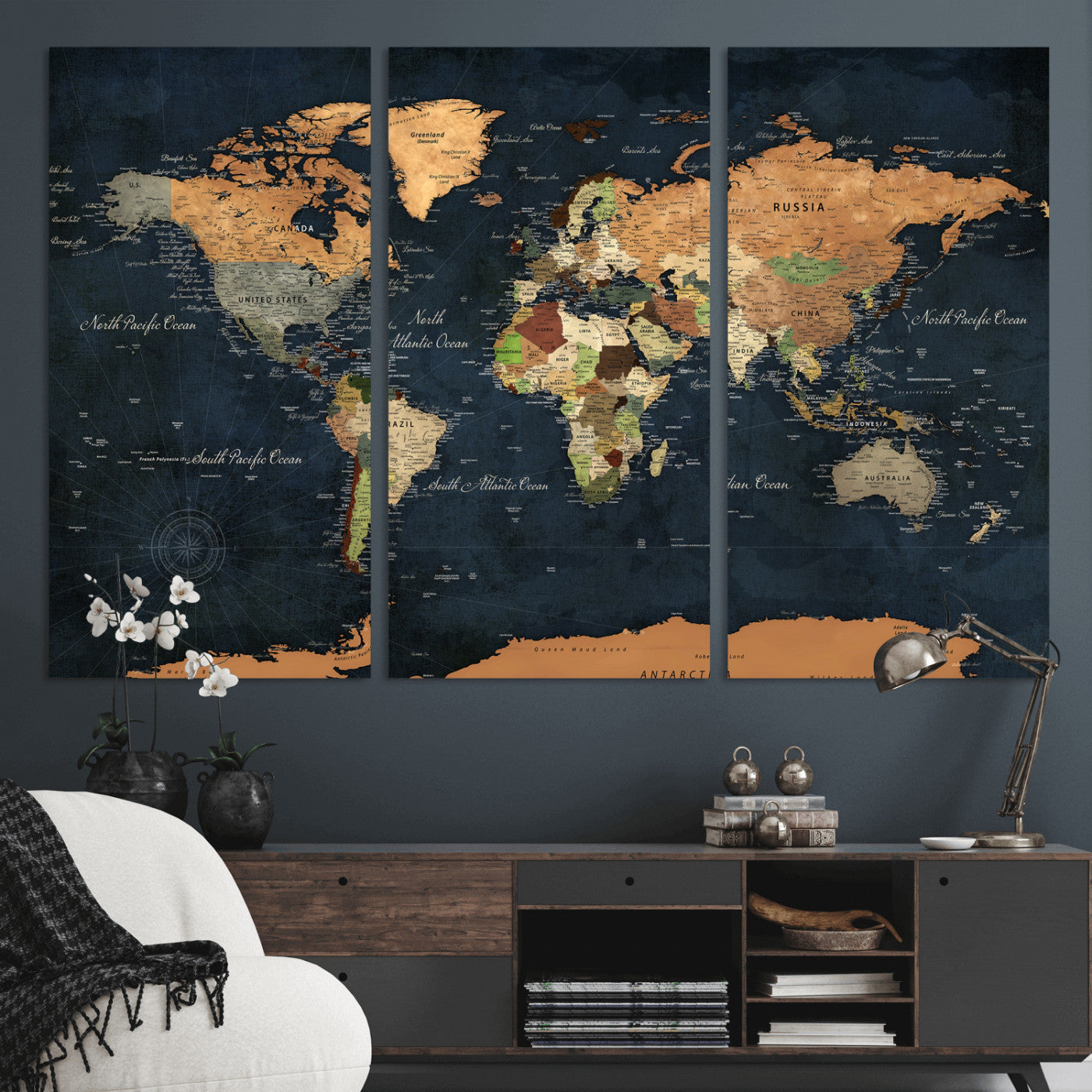 53717402-MGV-CV-36X24 - World Map Wall Art Canvas Print, Modern Decorative Framed Map Artwork Prints for Living Room, Office, Bedroom Wall Decor