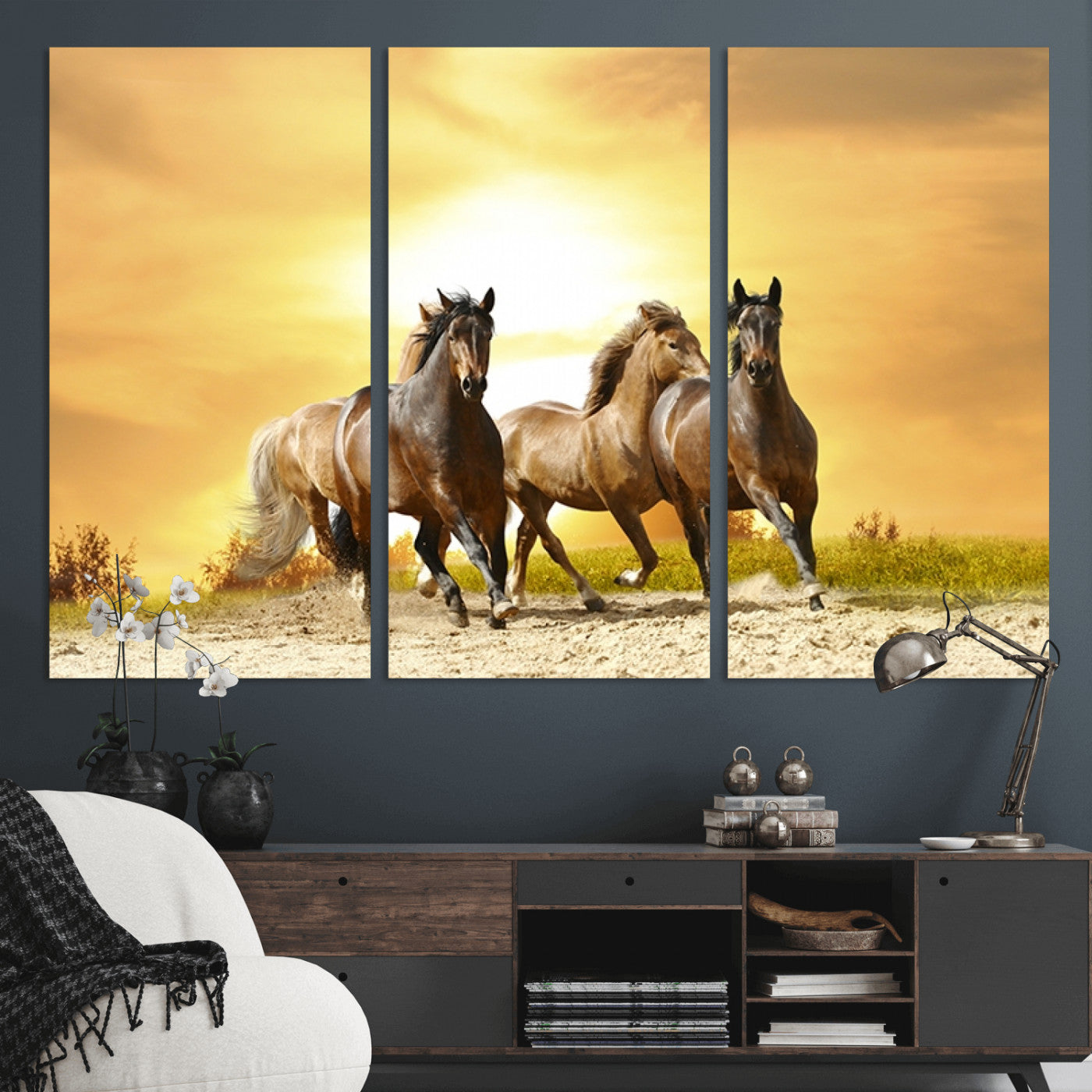 -Wild Horses Wall Art Canvas Print – Framed Galloping Herd Animal Artwork for Home, Office, Living Room, Guest Room
