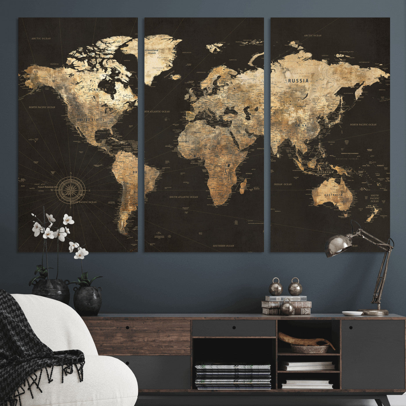 70985630-MGV-CV-36X24 - World Map Wall Art Canvas Print, Modern Decorative Framed Map Artwork Prints for Living Room, Office, Bedroom Wall Decor