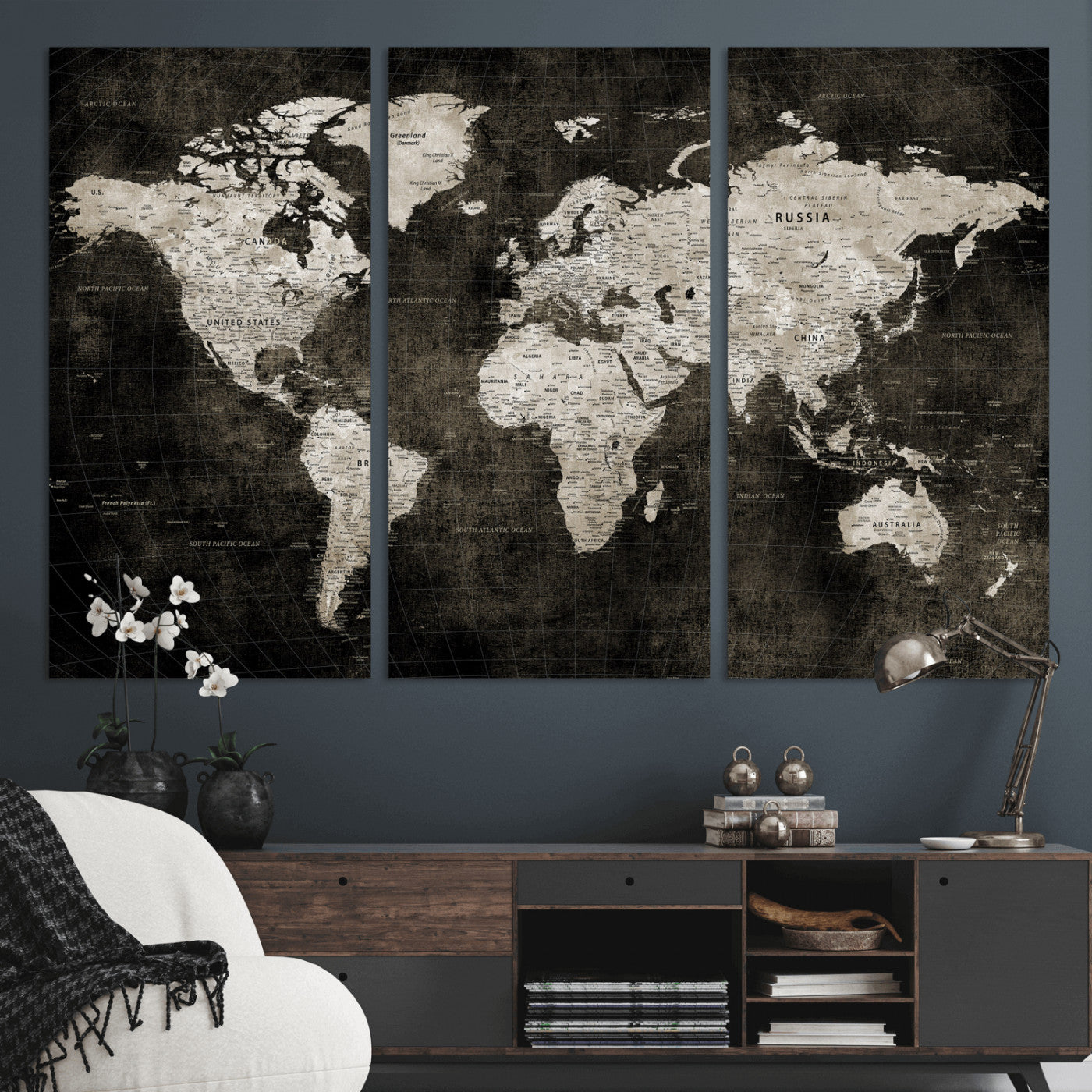 94581666-MGV-CV-36X24 - World Map Wall Art Canvas Print, Modern Decorative Framed Map Artwork Prints for Living Room, Office, Bedroom Wall Decor