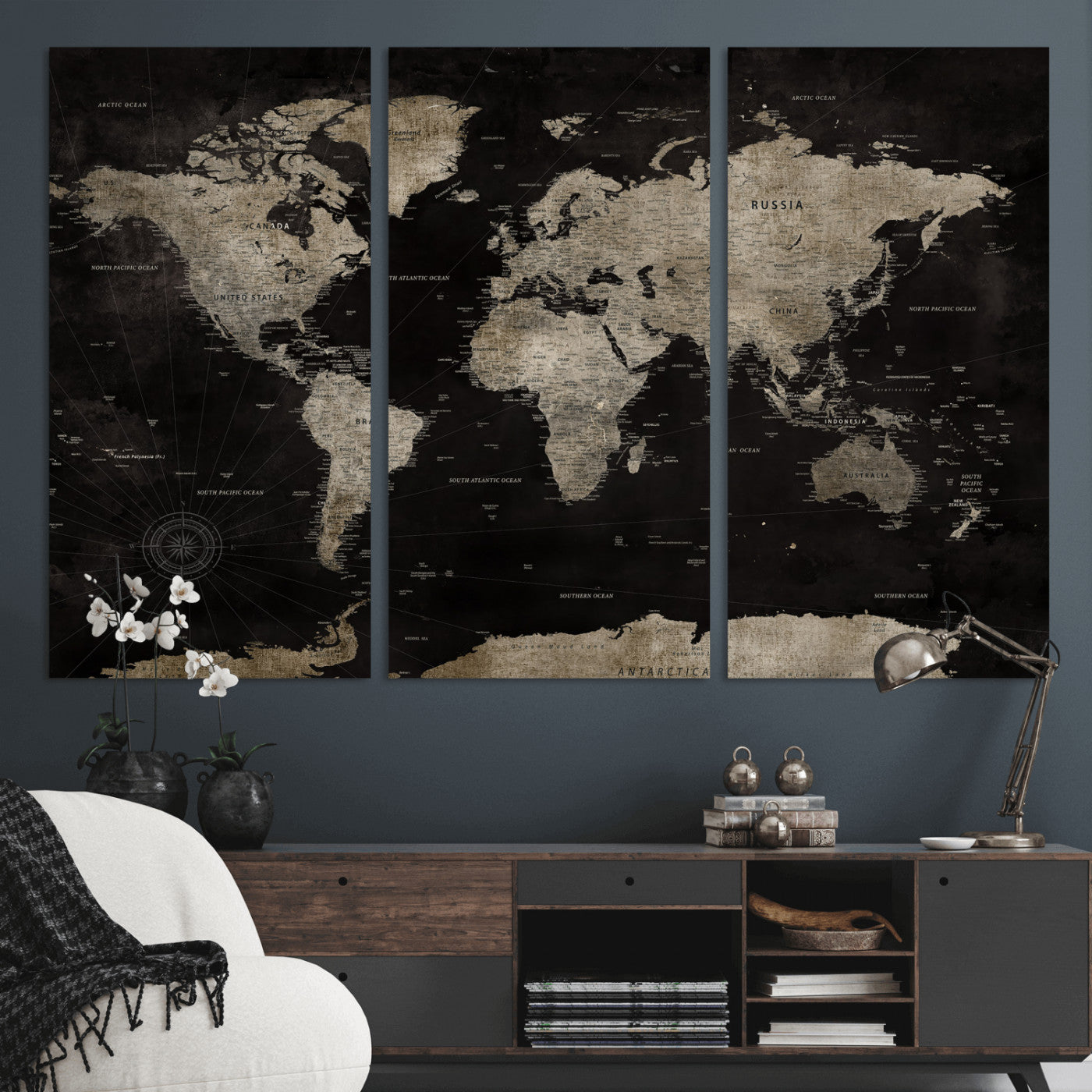 56225956-MGV-CV-36X24 - World Map Wall Art Canvas Print, Modern Decorative Framed Map Artwork Prints for Living Room, Office, Bedroom Wall Decor