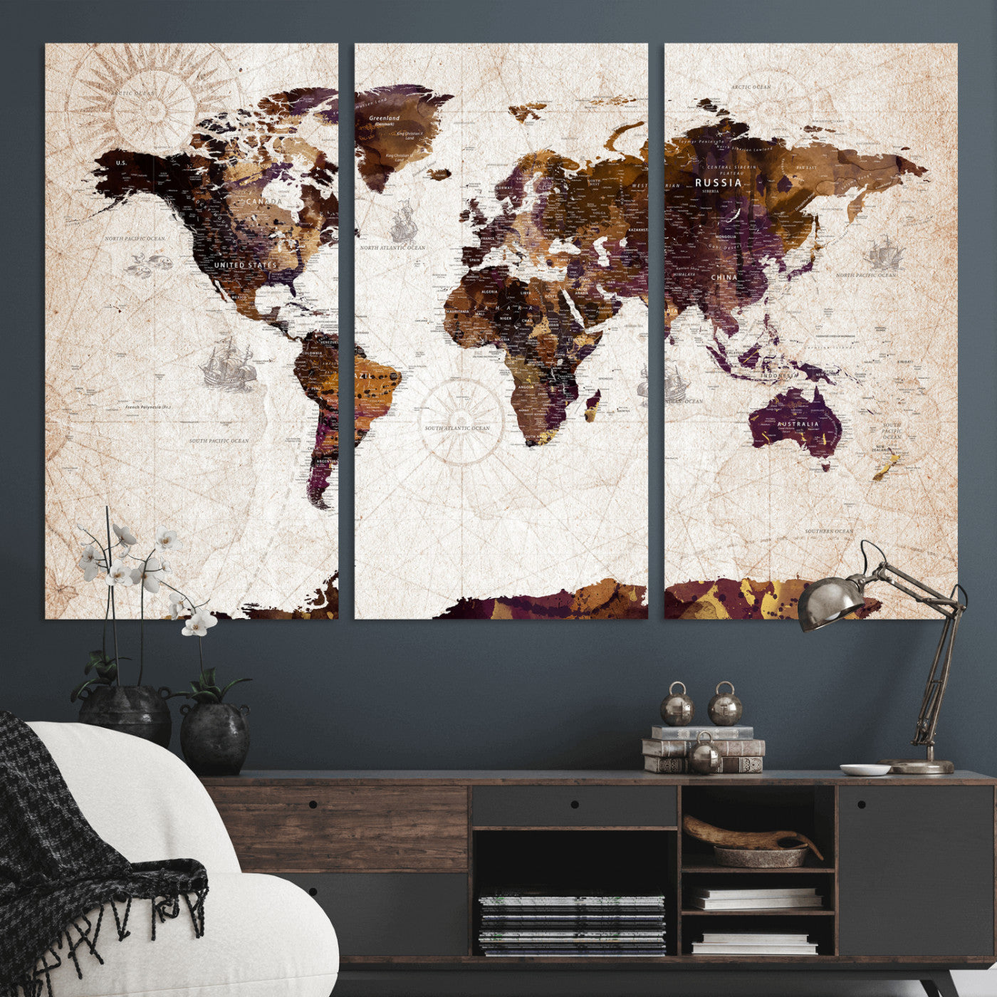 53400857-MGV-CV-36X24 - World Map Wall Art Canvas Print, Modern Decorative Framed Map Artwork Prints for Living Room, Office, Bedroom Wall Decor
