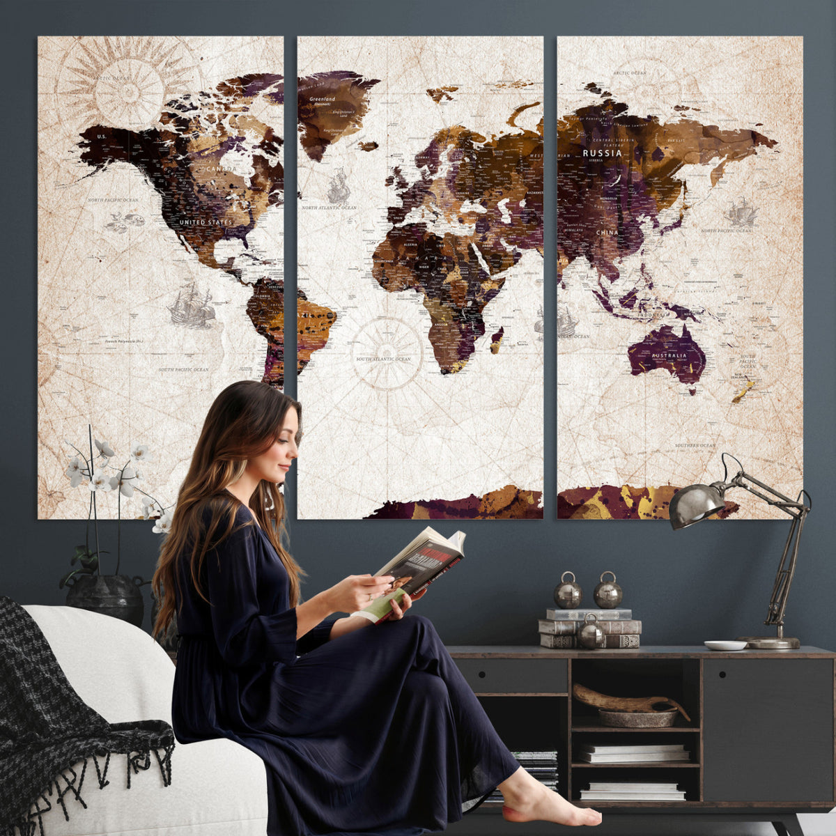 53400857-MGV-CV-36X24 - Blue Watercolor World Map Canvas Print – Framed Modern Wall