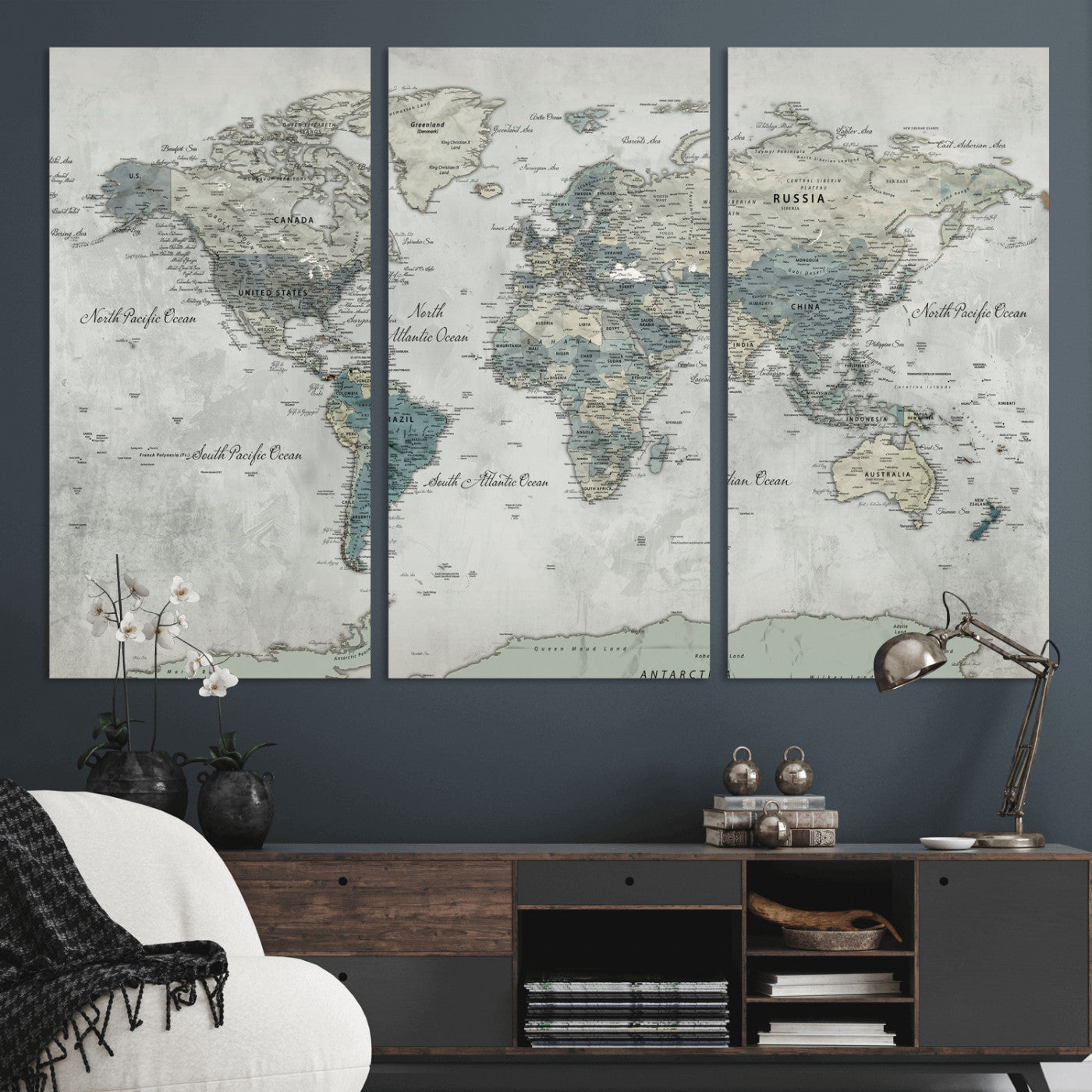 91132939-MGV-CV-36X24 - World Map Wall Art Canvas Print, Modern Decorative Framed Map Artwork Prints for Living Room, Office, Bedroom Wall Decor
