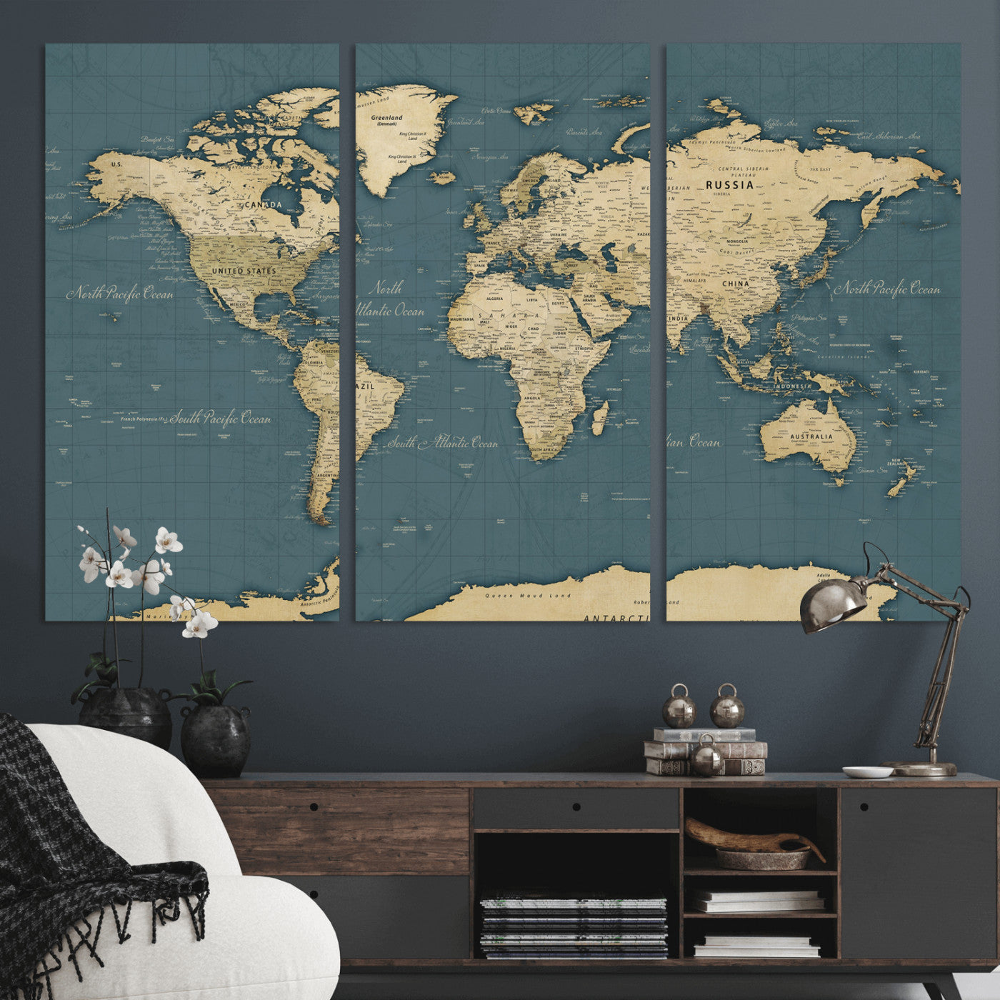 99599383-MGV-CV-36X24 - World Map Wall Art Canvas Print, Modern Decorative Framed Map Artwork Prints for Living Room, Office, Bedroom Wall Decor