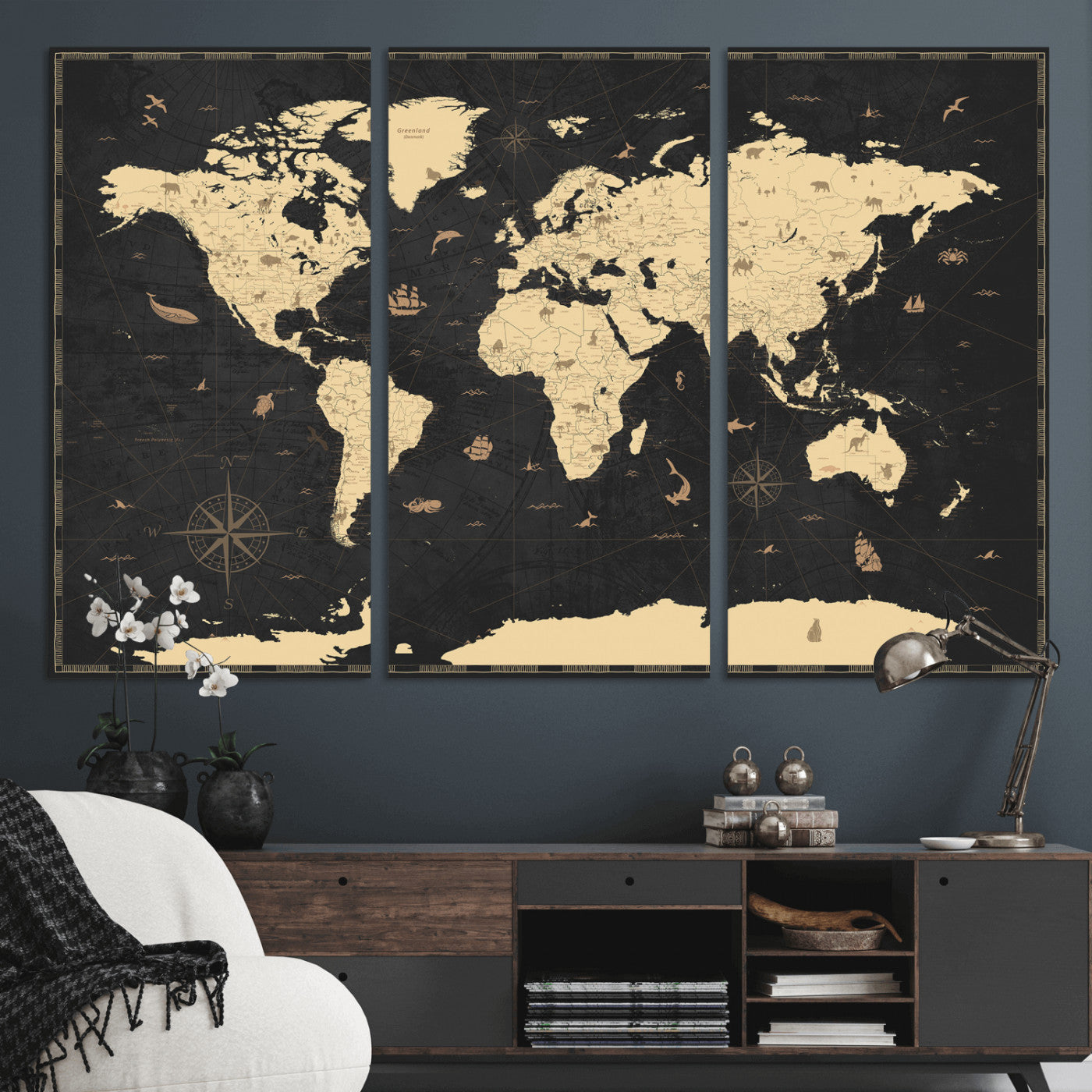 75220264-MGV-CV-36X24 - World Map Wall Art Canvas Print, Modern Decorative Framed Map Artwork Prints for Living Room, Office, Bedroom Wall Decor