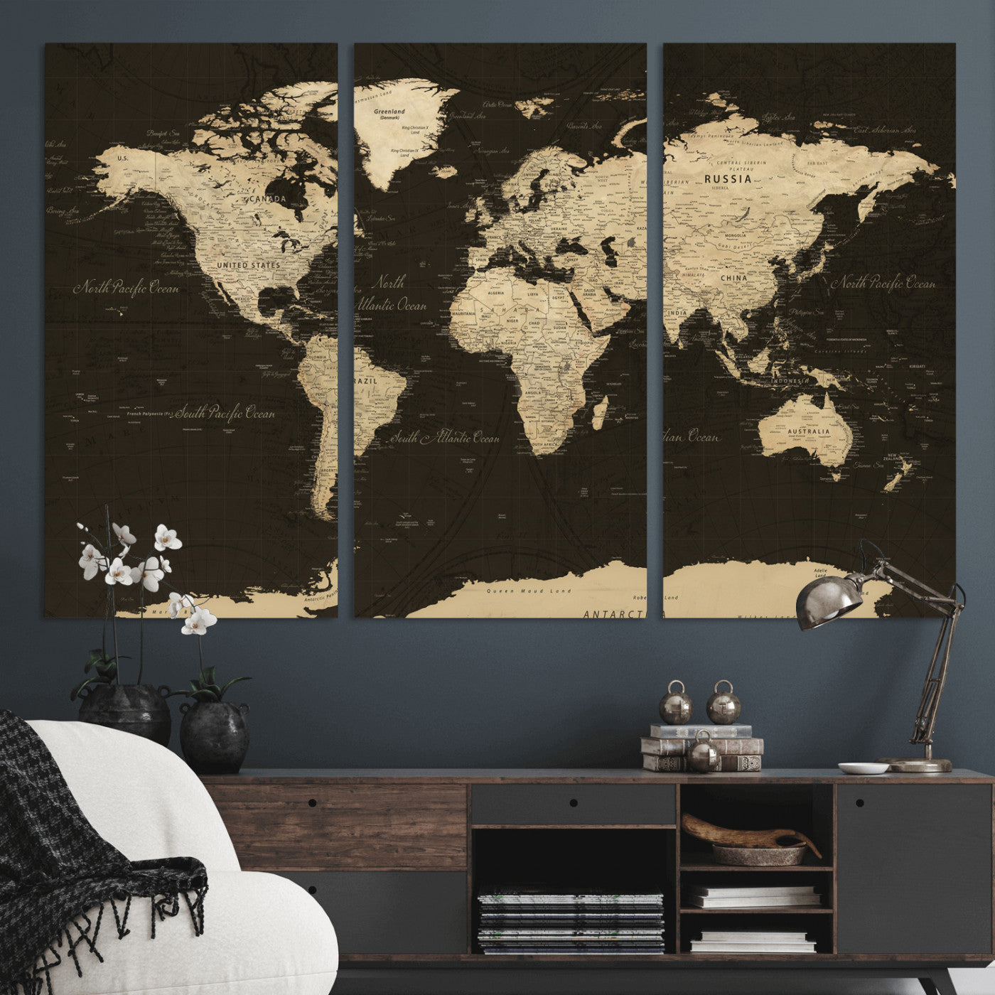 89024244-MGV-CV-36X24 - World Map Wall Art Canvas Print, Modern Decorative Framed Map Artwork Prints for Living Room, Office, Bedroom Wall Decor