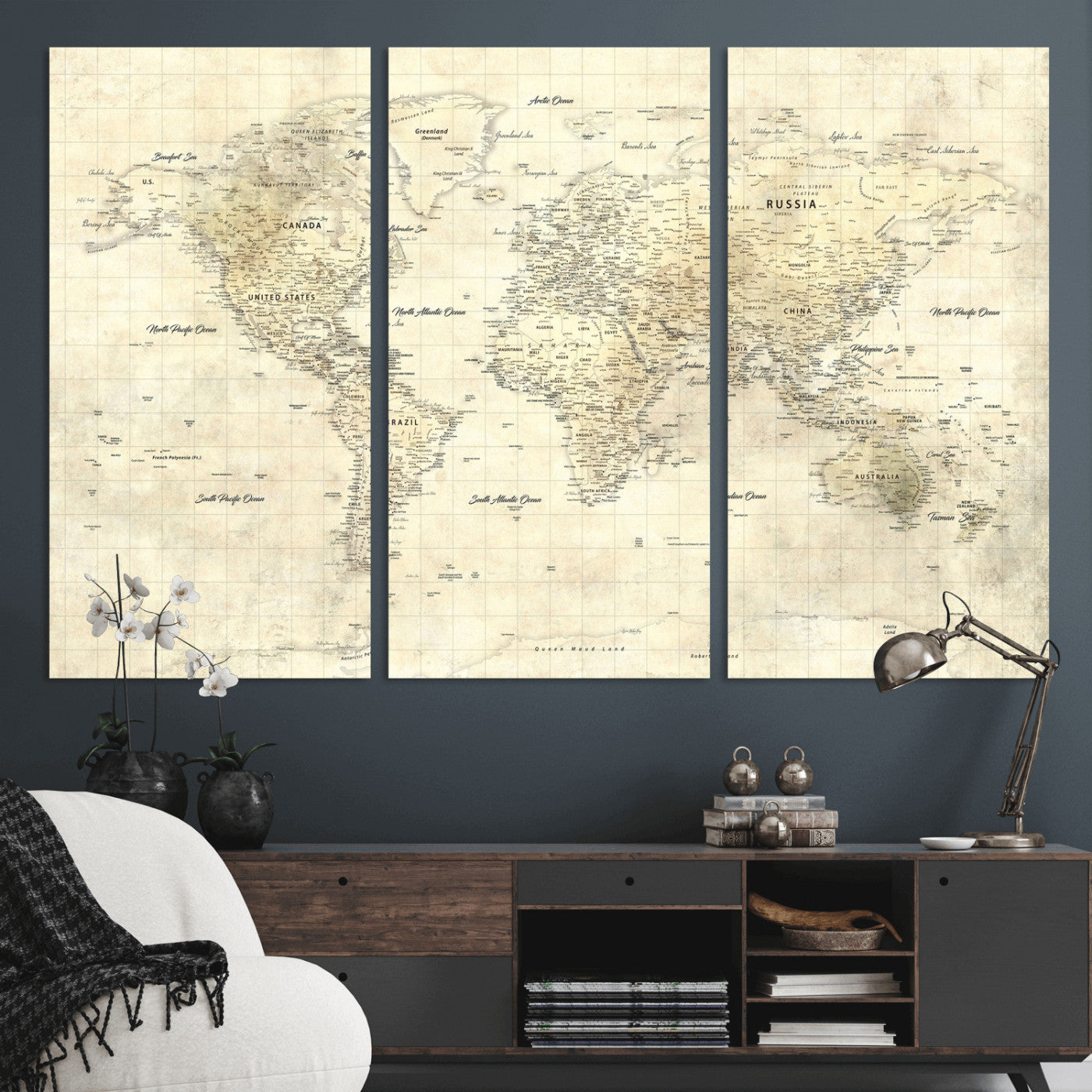 17101439-MGV-CV-36X24 - World Map Wall Art Canvas Print, Modern Decorative Framed Map Artwork Prints for Living Room, Office, Bedroom Wall Decor