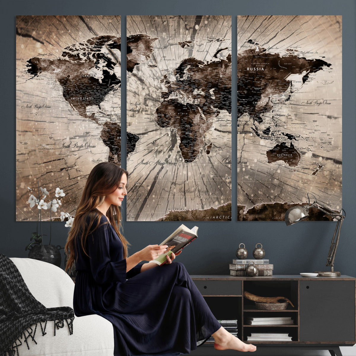 94623295-MGV-CV-36X24 - World Map Wall Art Canvas Print, Modern Decorative Framed Map Artwork Prints for Living Room, Office, Bedroom Wall Decor