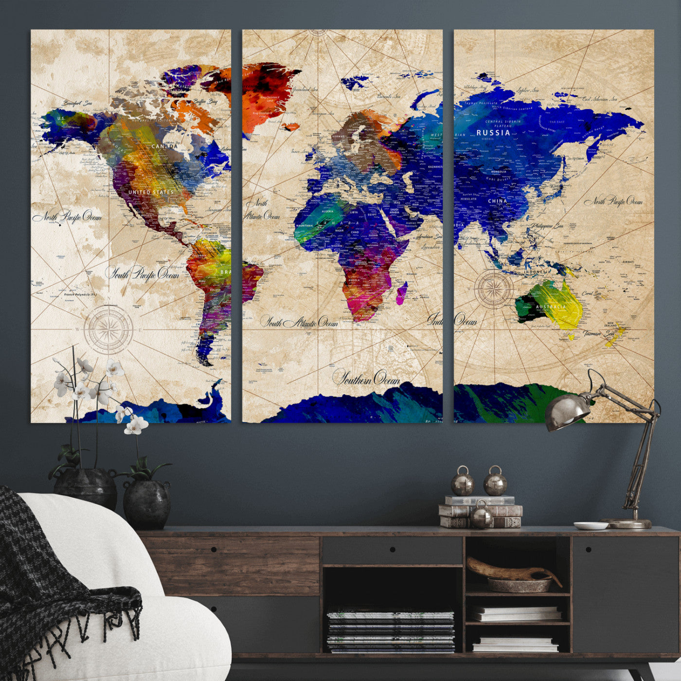 26284075-MGV-CV-36X24 - World Map Wall Art Canvas Print, Modern Decorative Framed Map Artwork Prints for Living Room, Office, Bedroom Wall Decor