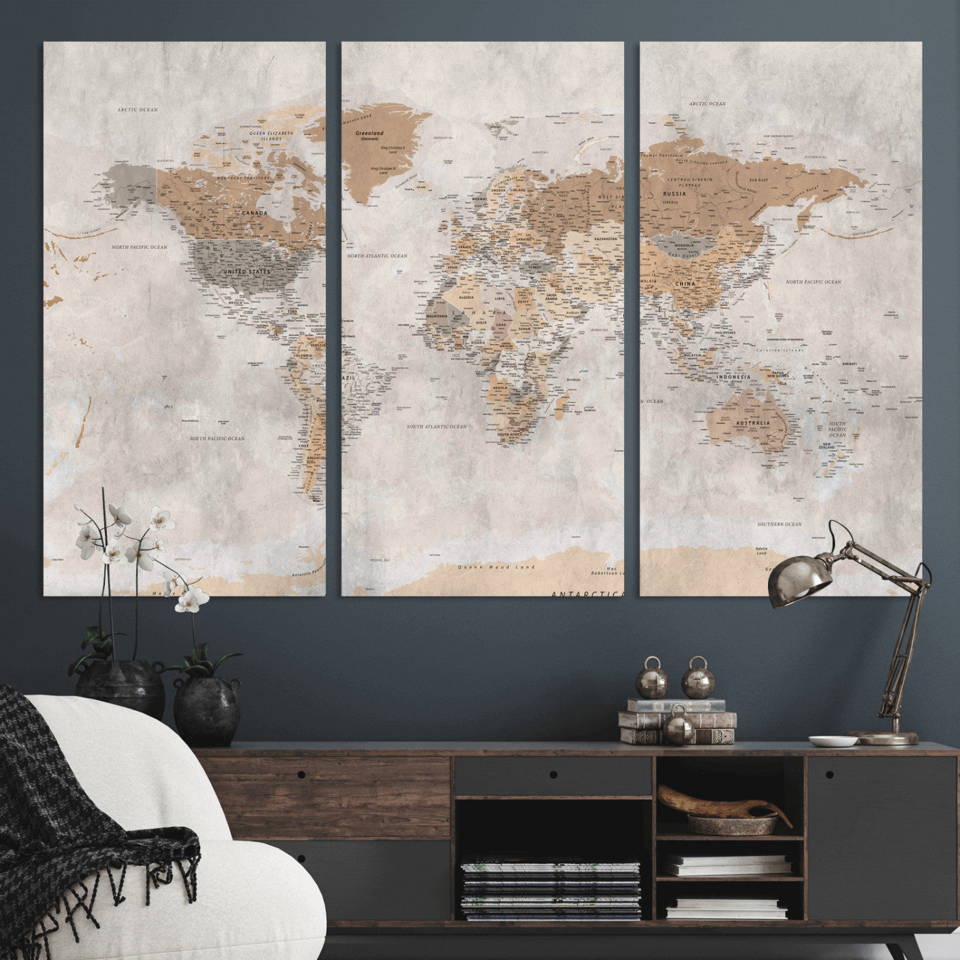 34051638-MGV-CV-36X24 - World Map Wall Art Canvas Print, Modern Decorative Framed Map Artwork Prints for Living Room, Office, Bedroom Wall Decor