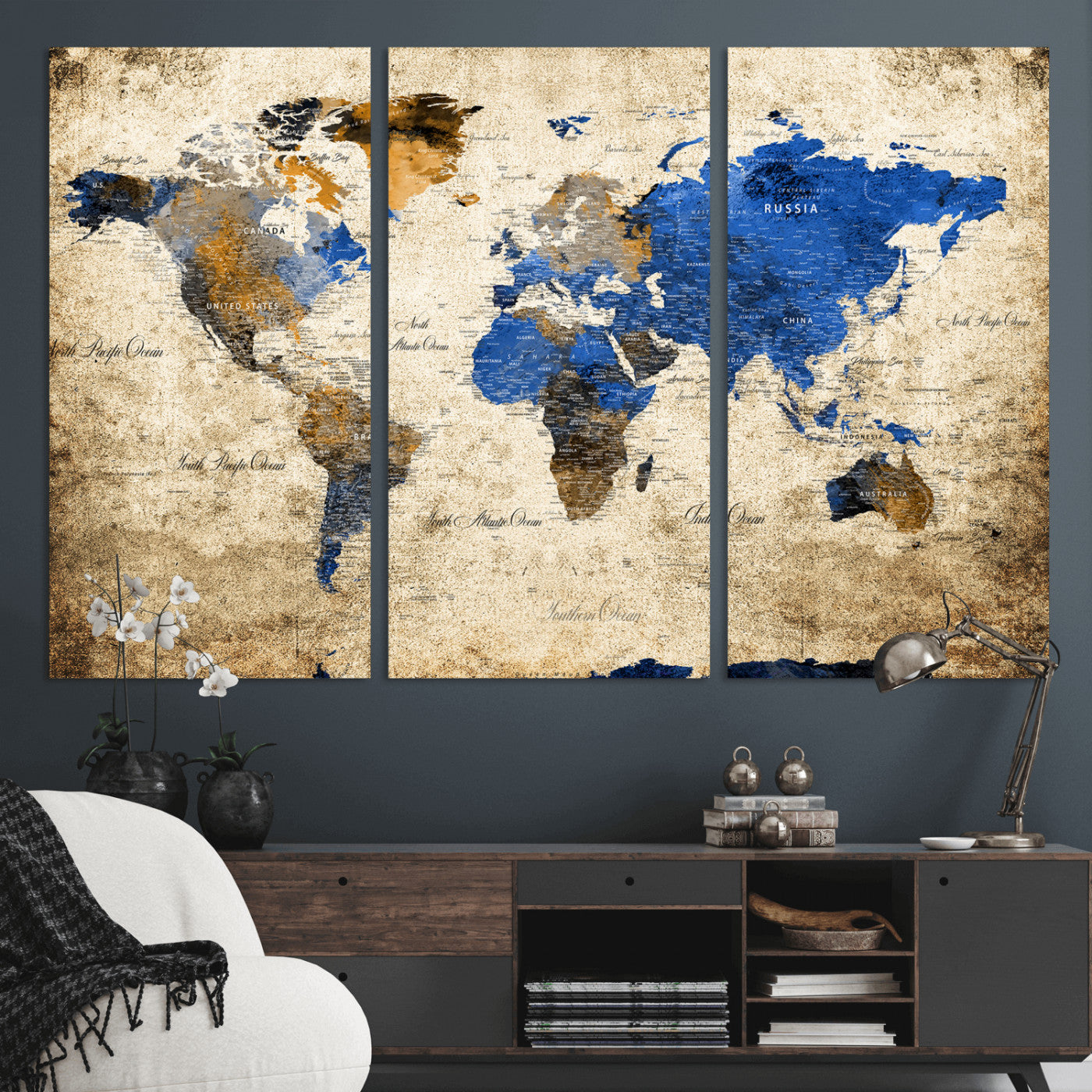 27314341-MGV-CV-36X24 - World Map Wall Art Canvas Print, Modern Decorative Framed Map Artwork Prints for Living Room, Office, Bedroom Wall Decor