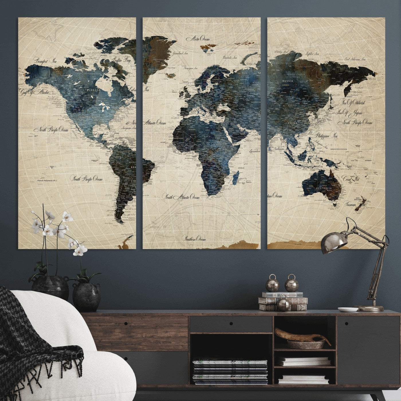 72927803-MGV-CV-36X24 - World Map Wall Art Canvas Print, Modern Decorative Framed Map Artwork Prints for Living Room, Office, Bedroom Wall Decor