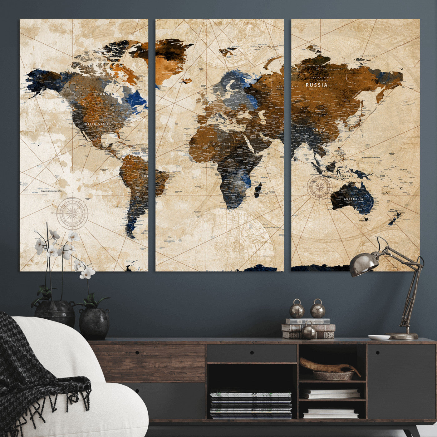 15727090-MGV-CV-36X24 - World Map Wall Art Canvas Print, Modern Decorative Framed Map Artwork Prints for Living Room, Office, Bedroom Wall Decor