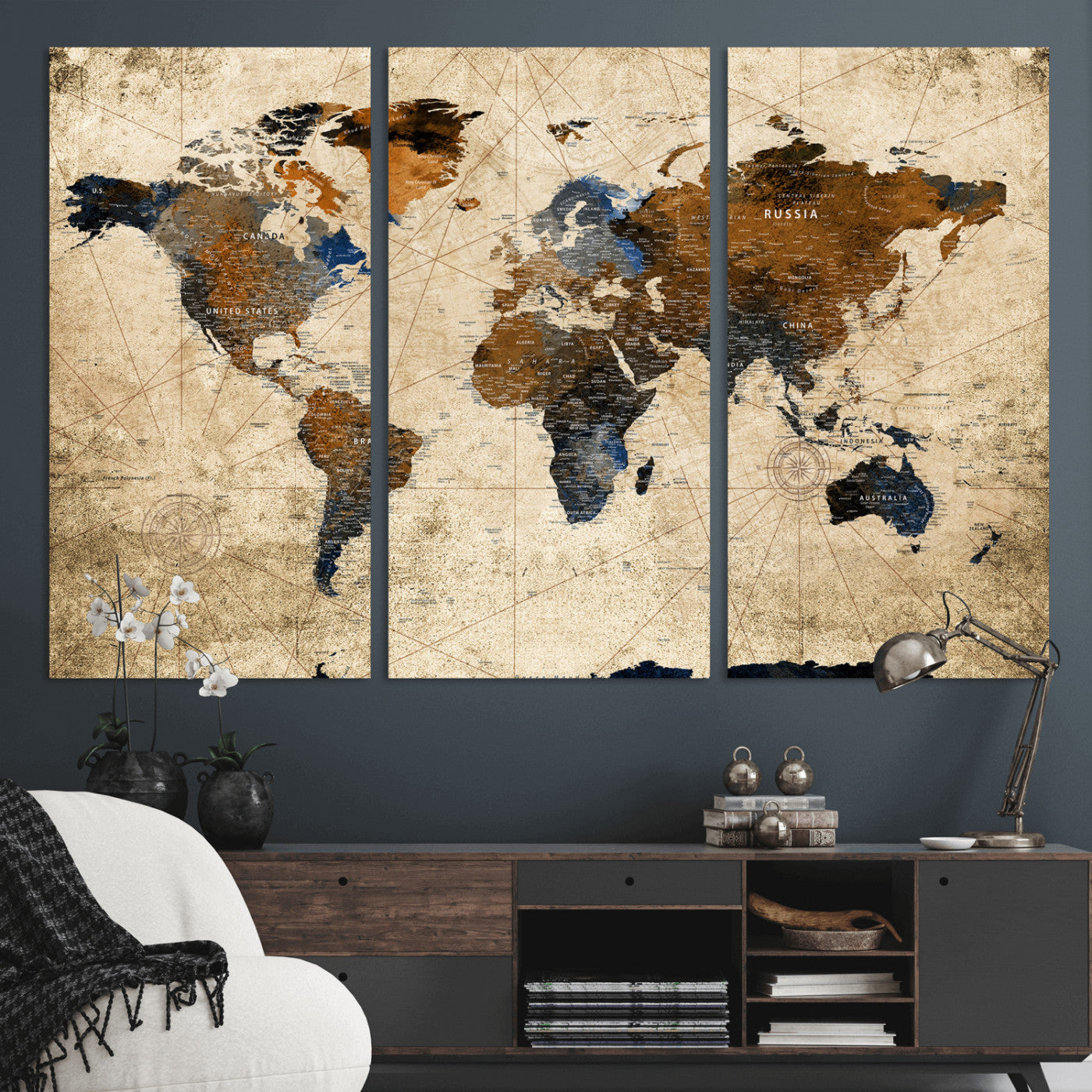 27163414-MGV-CV-36X24 - World Map Wall Art – Rustic Earth Tone Canvas Print, Antique Travel Map Design for Living Room, Office or Study, Classic Adventure Decor