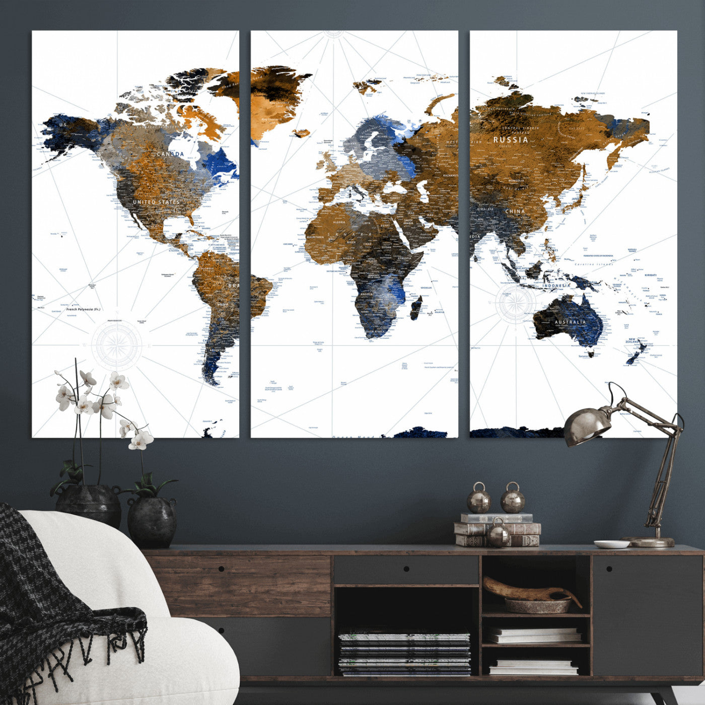 56364879-MGV-CV-36X24 - World Map Wall Art Canvas Print, Modern Decorative Framed Map Artwork Prints for Living Room, Office, Bedroom Wall Decor