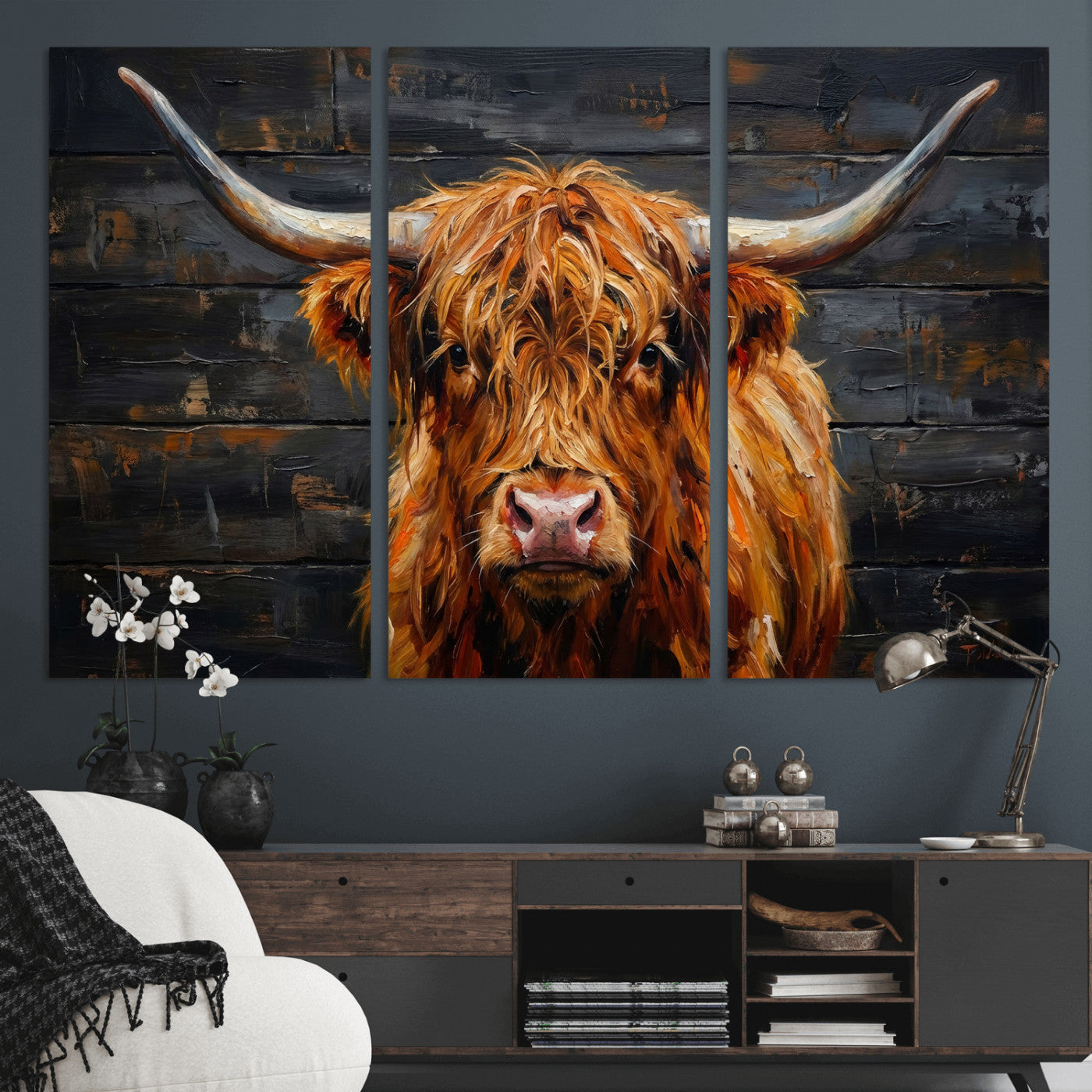 32536611-MGV-CV-36X24 - Highland Cow Wall Art Canvas Print, Rustic Farm Animal Painting, Framed Wall Art Ready to Hang
