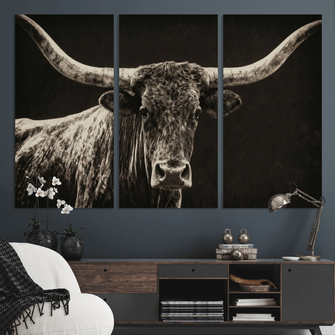 74513721-MGV-CV-36X24 - Vintage Texas Longhorn Bull Wall Art Canvas Print, Cow Portrait Photography Print, Framed Wall Art Ready to Hang