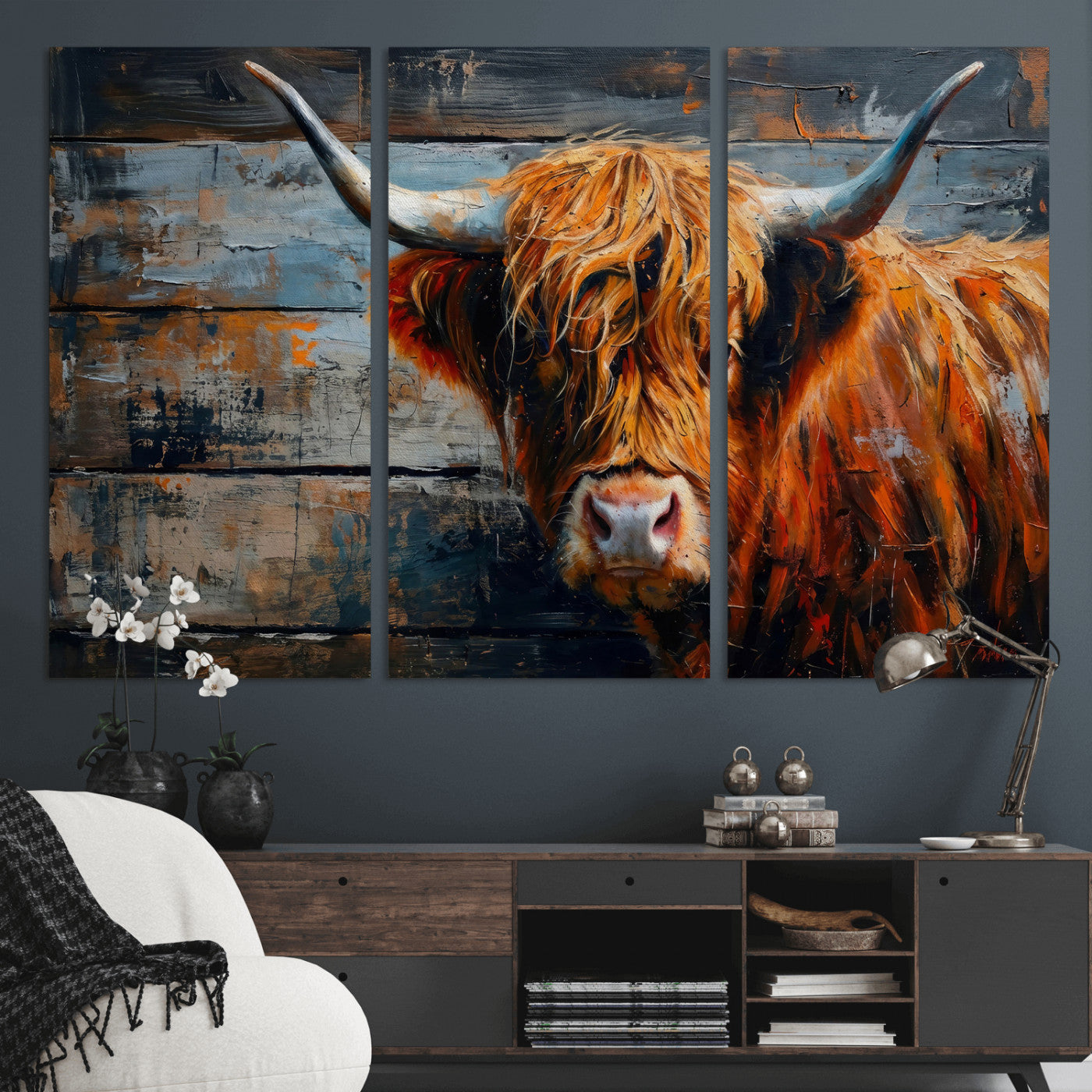 90271423-MGV-CV-36X24 - Highland Cow Wall Art Canvas Print, Abstract Rustic Farm Animal Wall Art Print, Framed Wall Art Ready to Hang