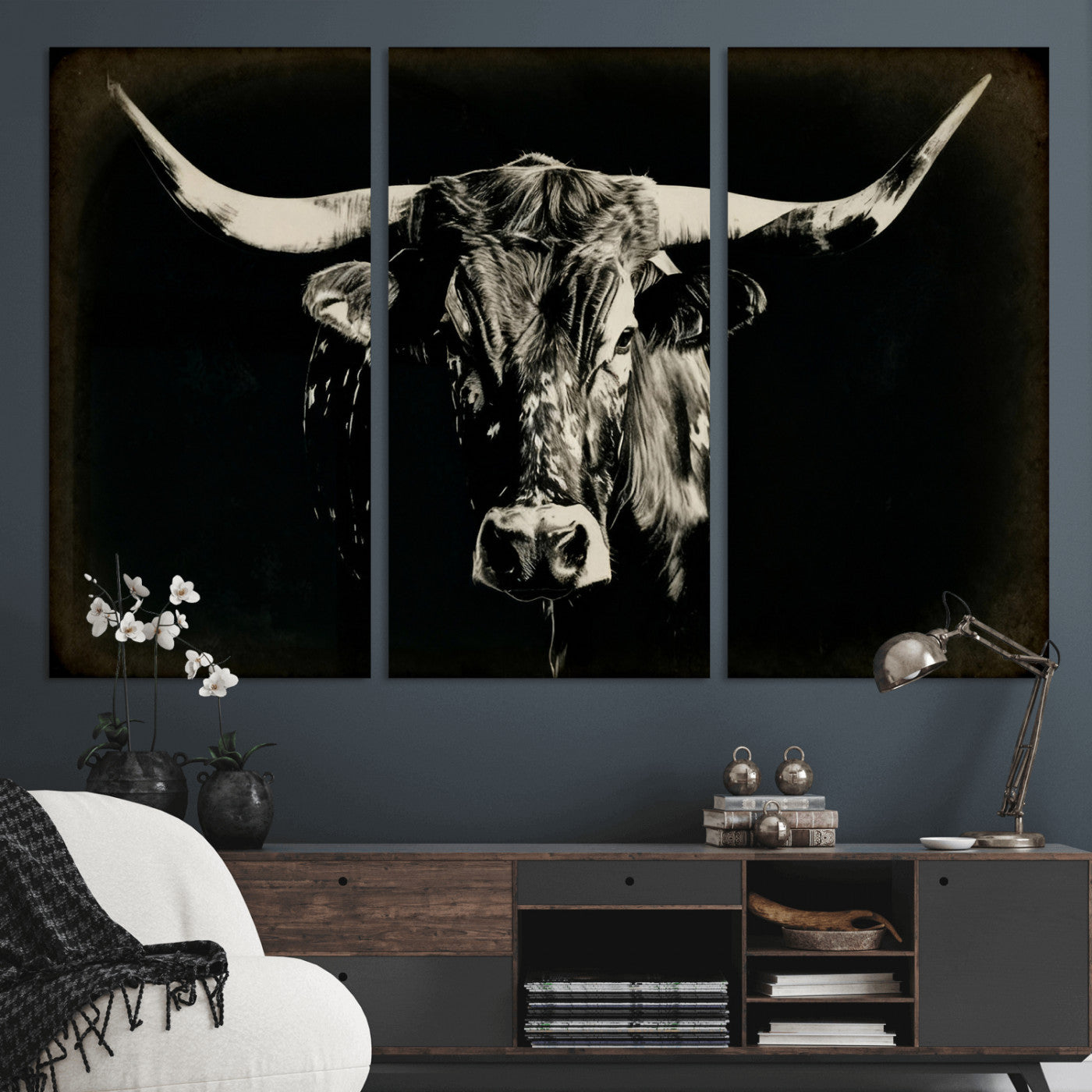 91364114-MGV-CV-36X24 - Black Bull Wall Art Canvas Print, Texas Longhorn Portrait Print, Framed Wall Art Ready to Hang