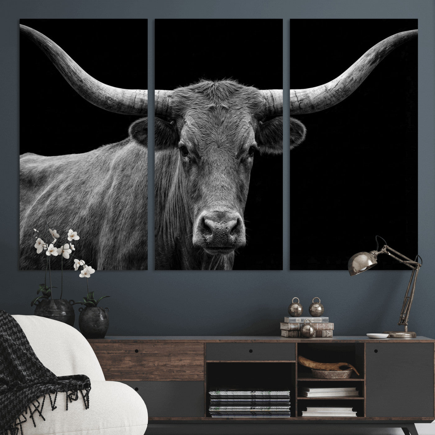 32601430-MGV-CV-36X24 - Texas Longhorn Bull Wall Art Canvas Print, Cow Portrait Photography, Framed Wall Art Ready to Hang