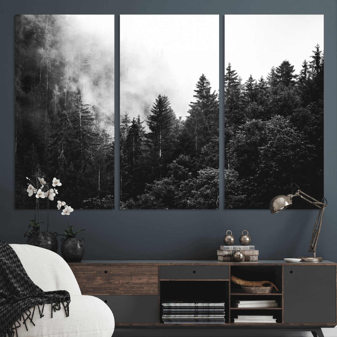 98764151-MGV-CV-36X24 - Black and White Forest Wall Art Canvas Print, Misty Pine Tree Landscape Photography, Framed Wall Art Ready to Hang
