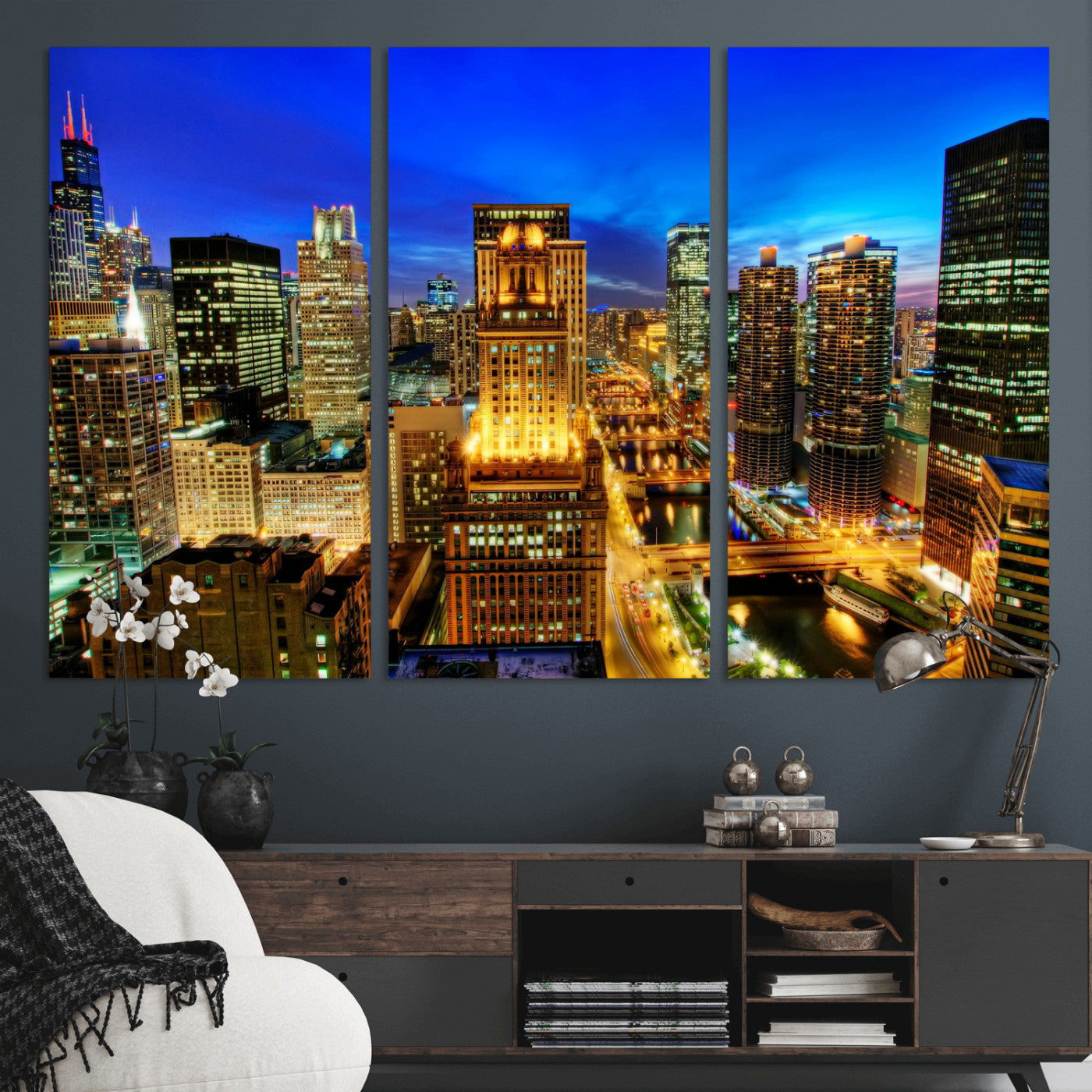 46298885-MGV-CV-36X24 - Chicago Wall Art Canvas Print, Chicago City Downtown Night Cityscape Print for Modern Urban Wall Decor