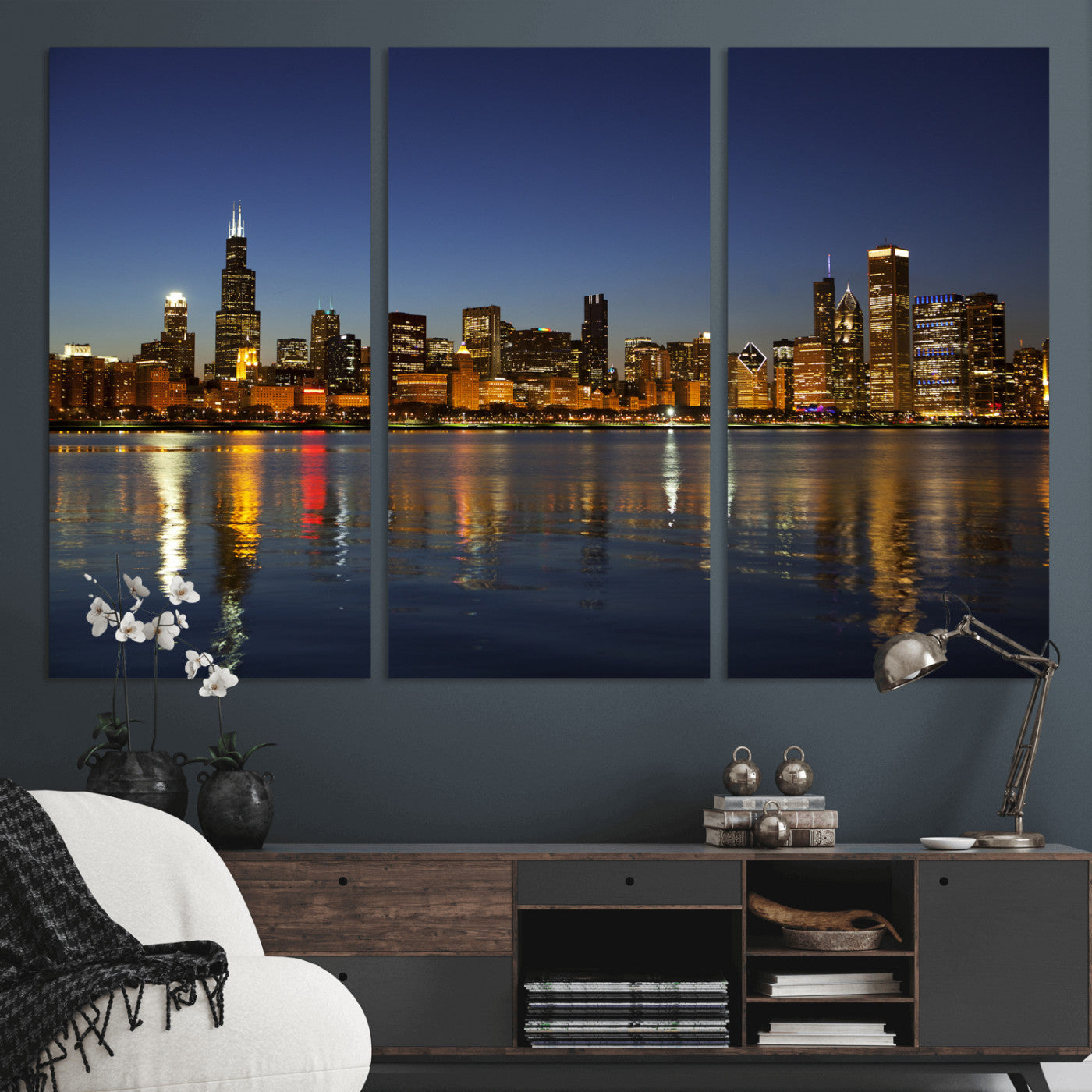 67308035-MGV-CV-36X24 - Chicago Wall Art Canvas Print, Chicago City Downtown Night Cityscape Print for Modern Urban Wall Decor