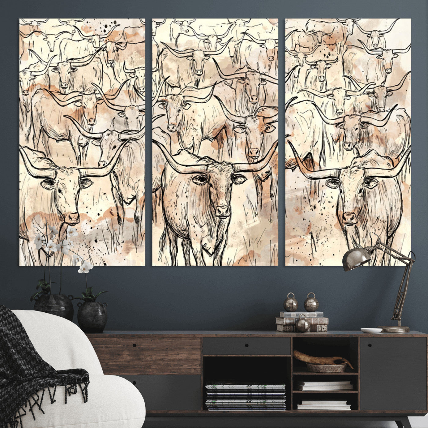 94055403-MGV-CV-36X24 - Farmhouse Animals Wall Art Canvas Print - Abstract Farm Animal Drawing Mid-Century Wall Art for Cabin Decor