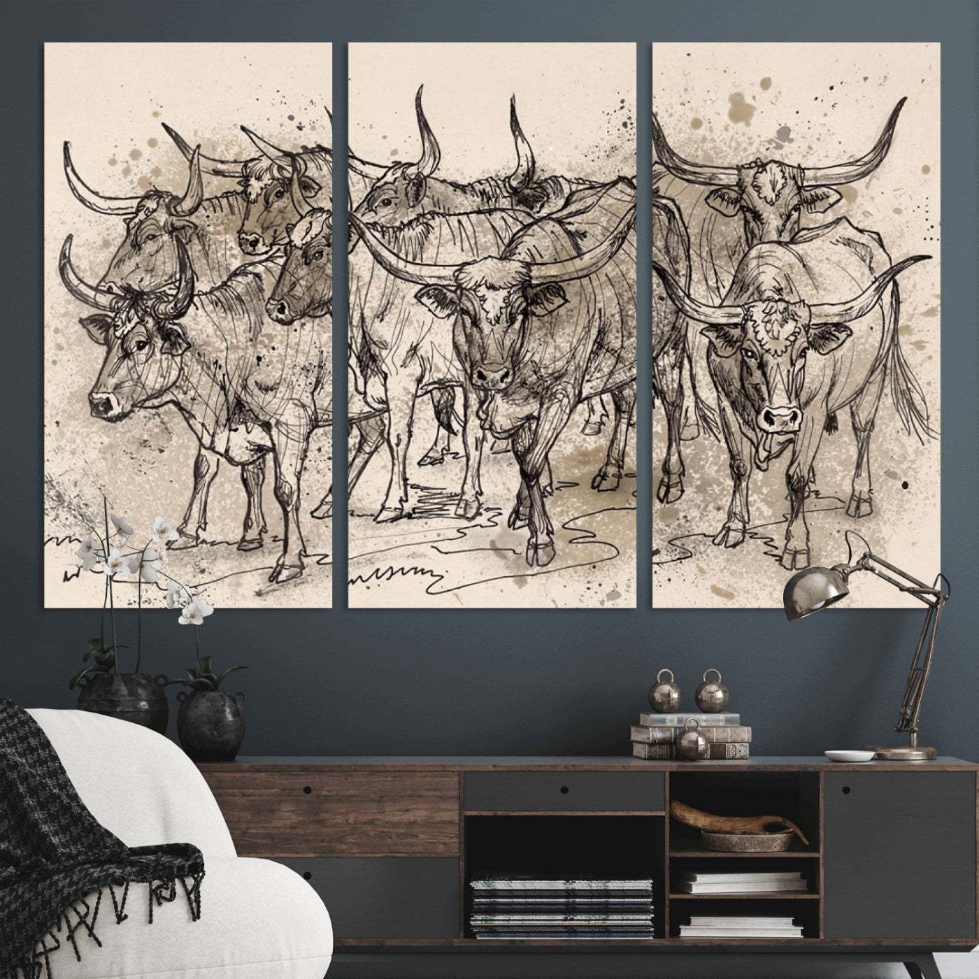 74232558-MGV-CV-36X24 - Farmhouse Animals Wall Art Canvas Print - Abstract Farm Animal Drawing Mid-Century Wall Art for Cabin Decor