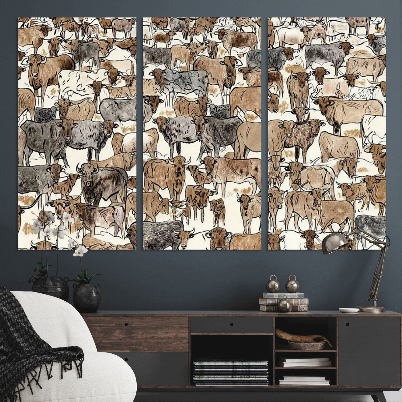 76902119-MGV-CV-36X24 - Farmhouse Animals Wall Art Canvas Print - Abstract Farm Animal Drawing Mid-Century Wall Art for Cabin Decor